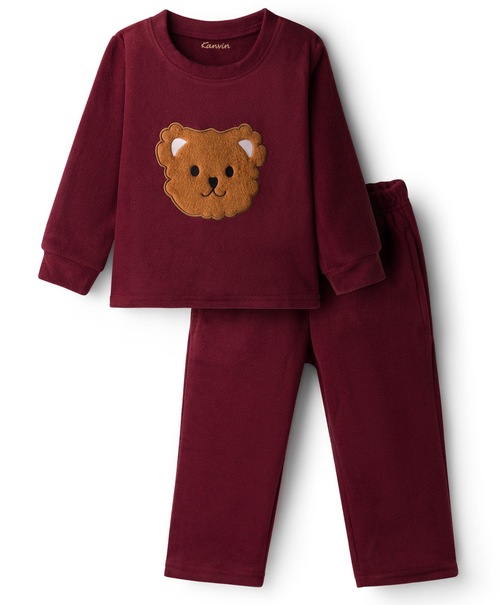 Kanvin Knit Full Sleeves Antipilling Polar Winter Wear T-Shirt & Lounge Pant With Animal Embriodery - Maroon-image-16