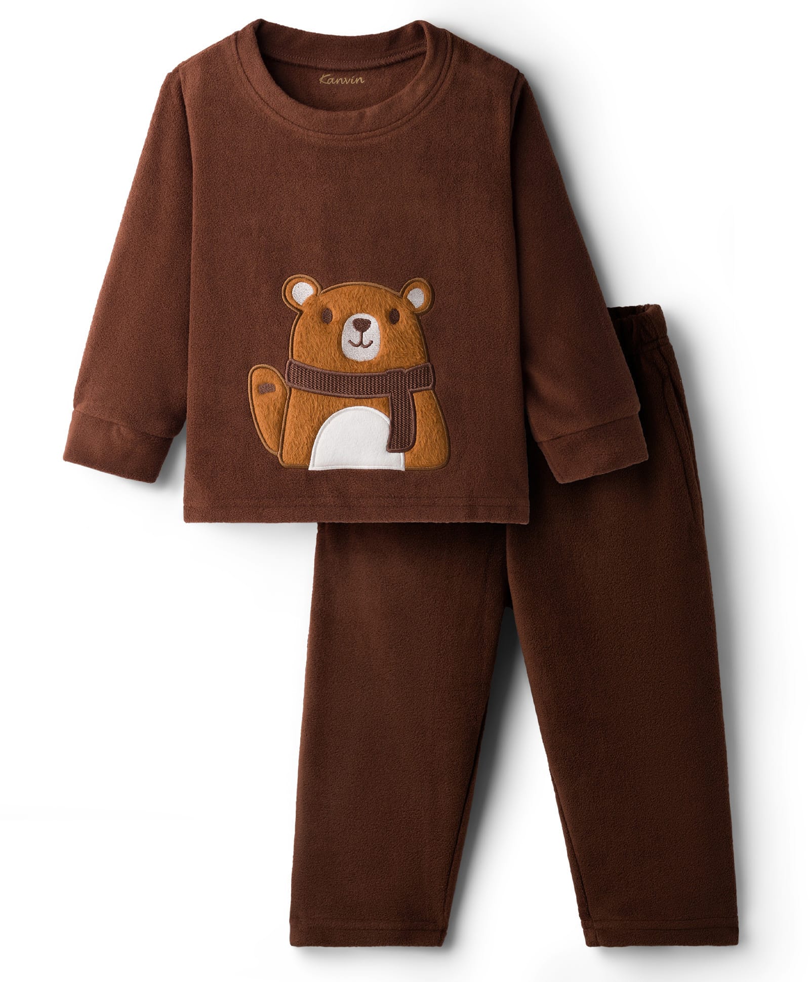 Kanvin Knit Full Sleeves Winter Wear Fleece Antipilling Polar T-Shirt & Lounge Pant Set With Animal Embroidery - Brown-picture-21