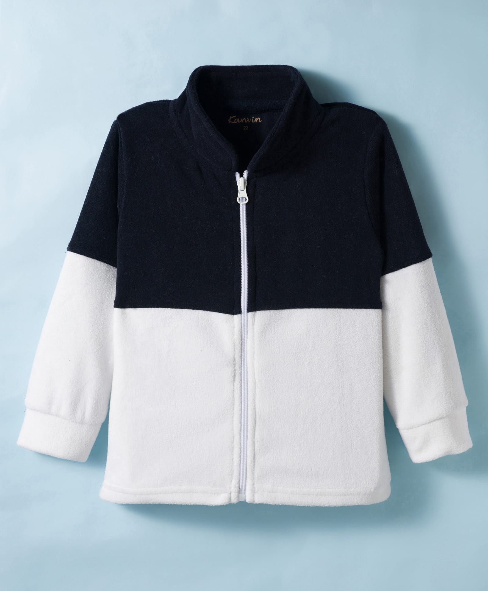 Kanvin Antipilling Polar Fleece Knit Full Sleeves Solid Color Cut & Sew Winter Jacket - Navy Blue & White-picture-24