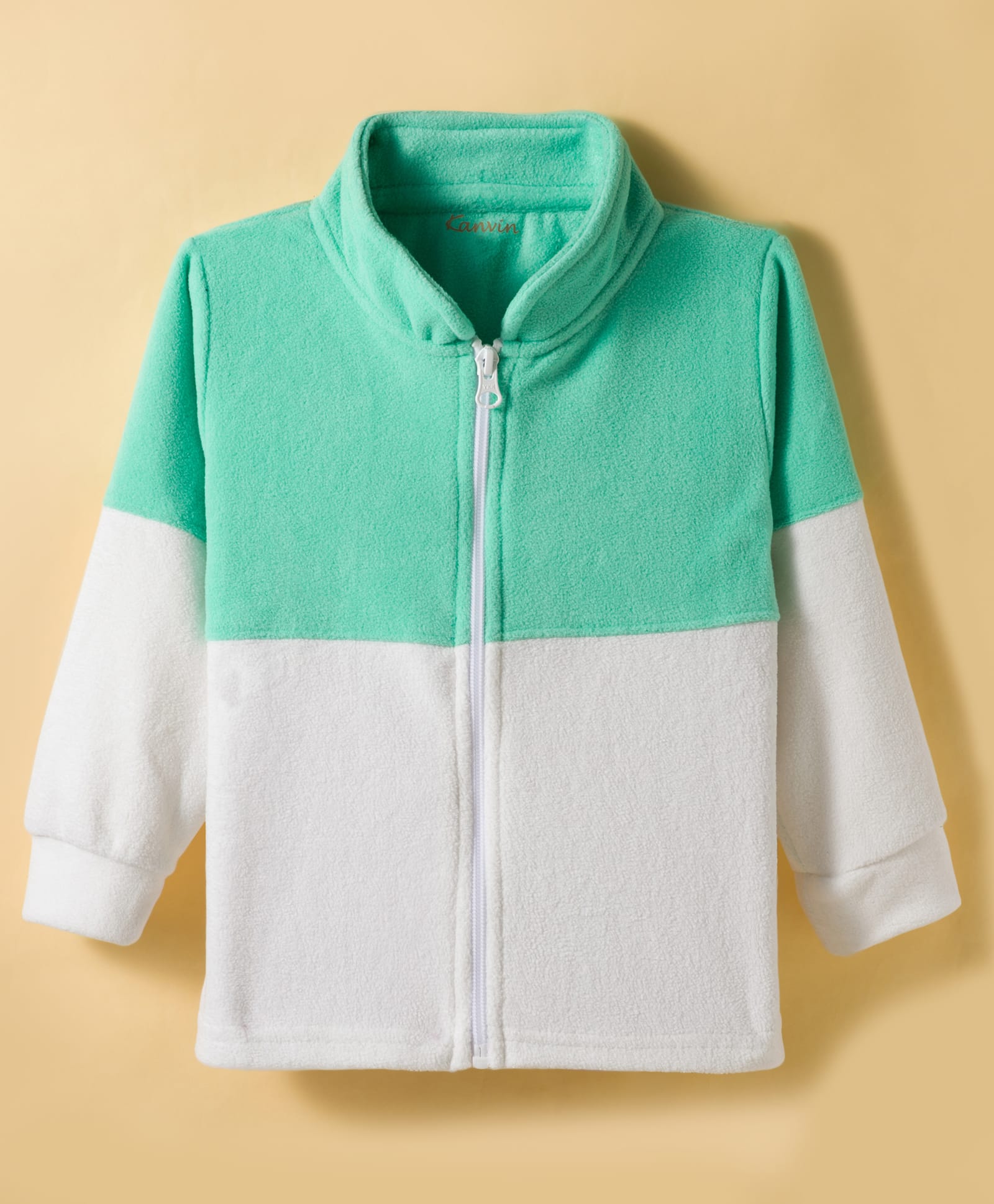 Kanvin Antipilling Polar Fleece Knit Full Sleeves Solid Color Cut & Sew Winter Jacket - Mint & White-image-13