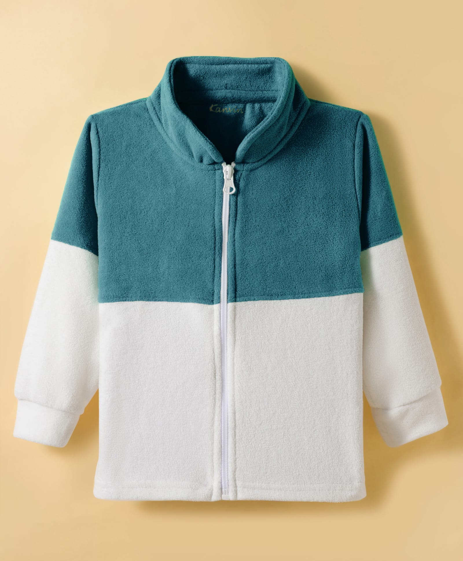 Kanvin Antipilling Polar Fleece Knit Full Sleeves Solid Color Cut & Sew Winter Jacket - Teal Blue & White-picture-15
