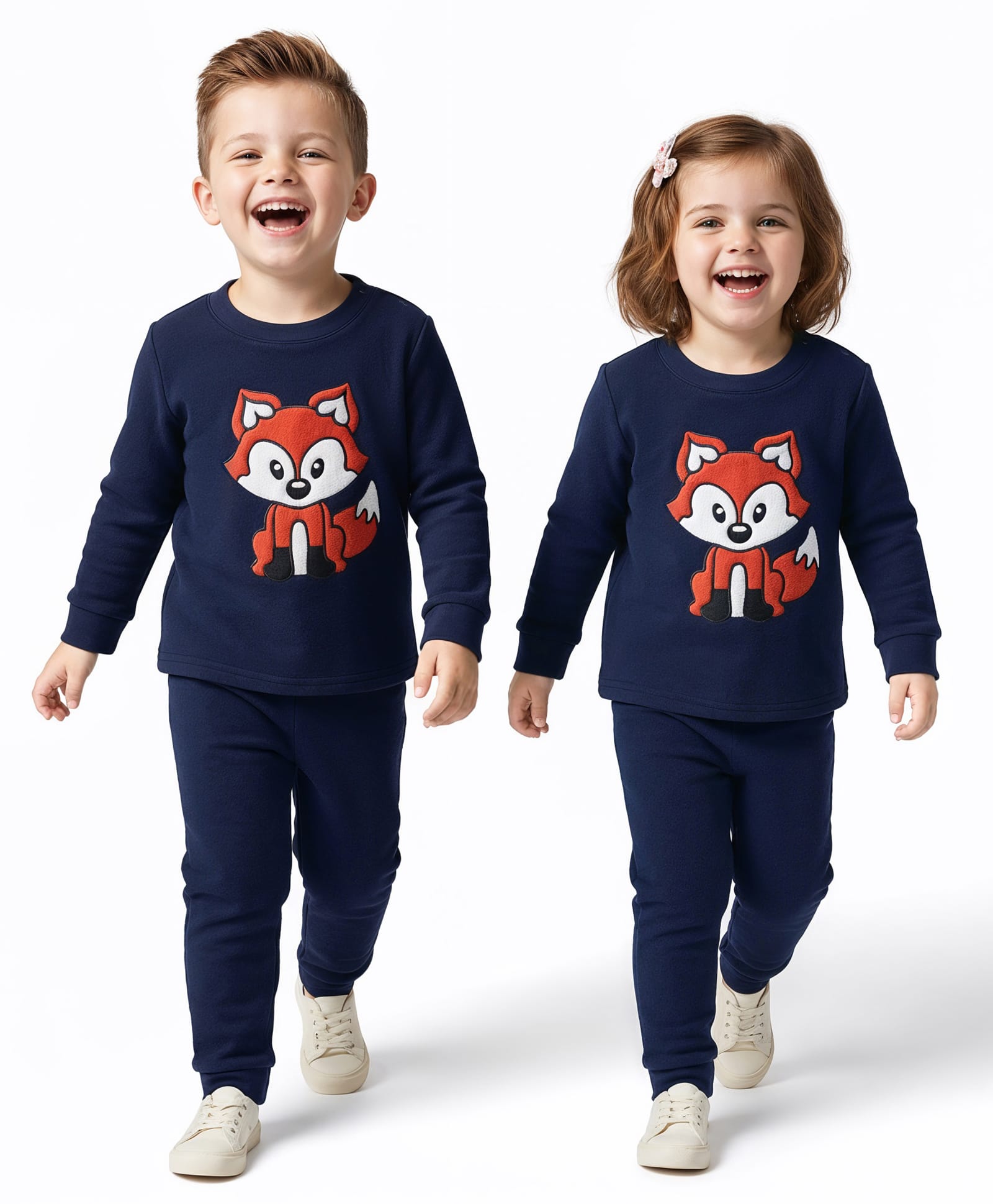 Kanvin Fleece Knit Full Sleeves Antipilling Winter Night Suit with Fox Patch Embroidery - Navy Blue-image-41