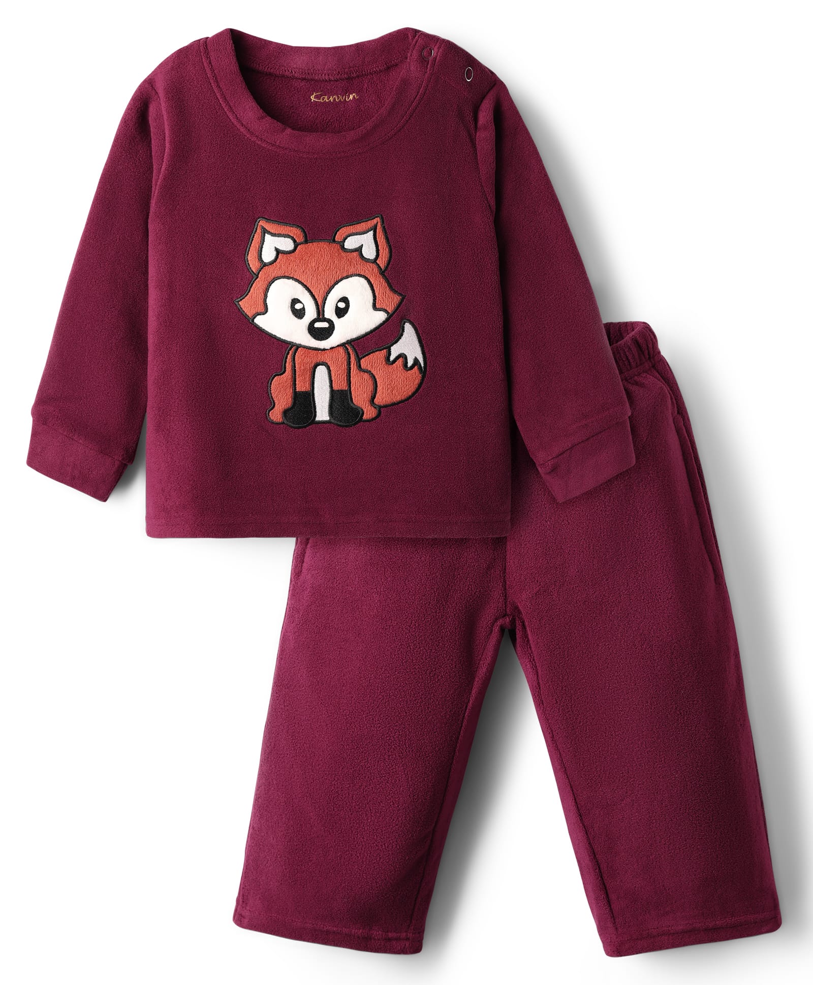 Kanvin Fleece Knit Full Sleeves Antipilling Winter Night Suit with Fox Patch Embroidery - Maroon-image-42