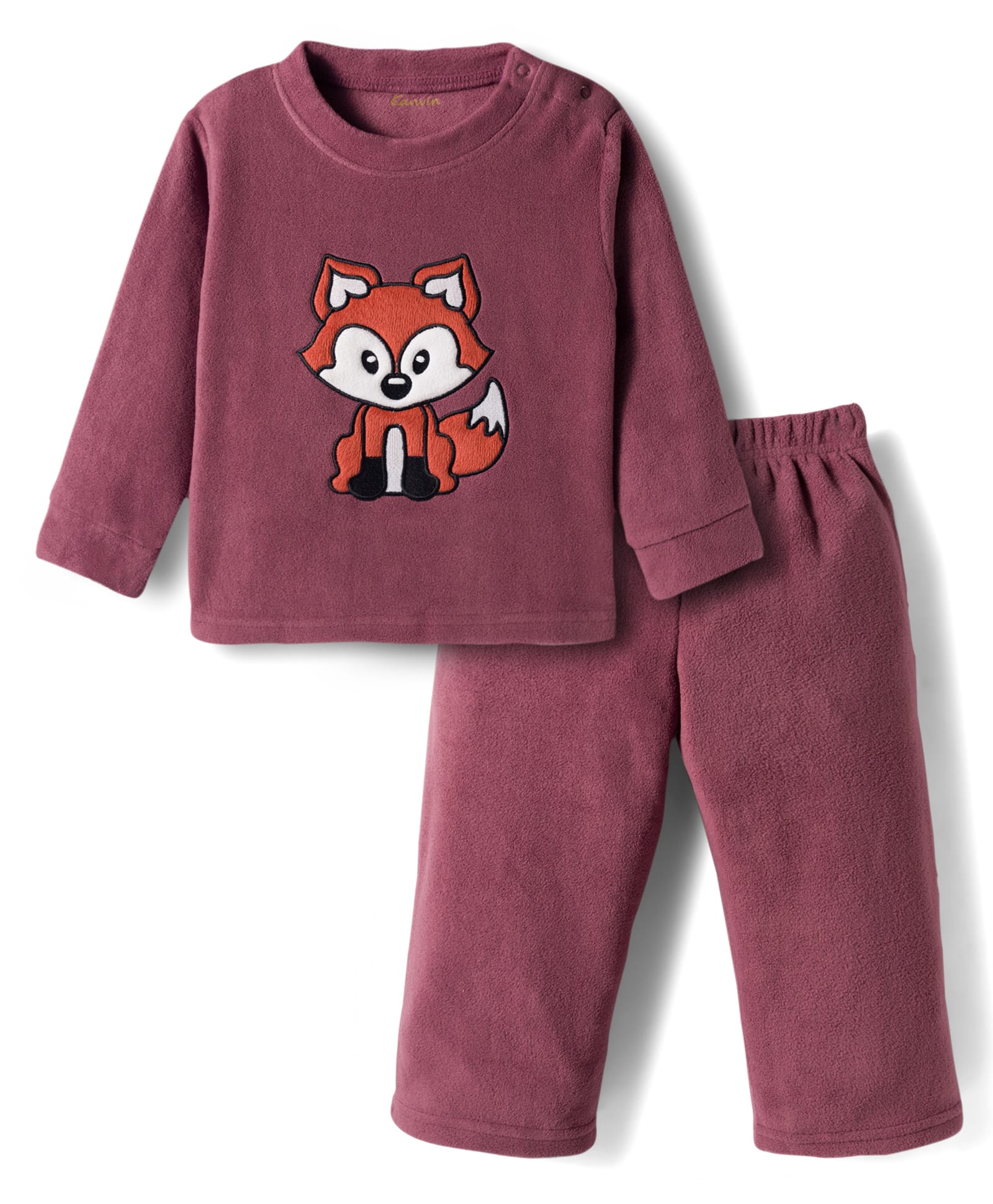 Kanvin Fleece Knit Full Sleeves Antipilling Winter Night Suit with Fox Patch Embroidery - Dark Pink-image-48