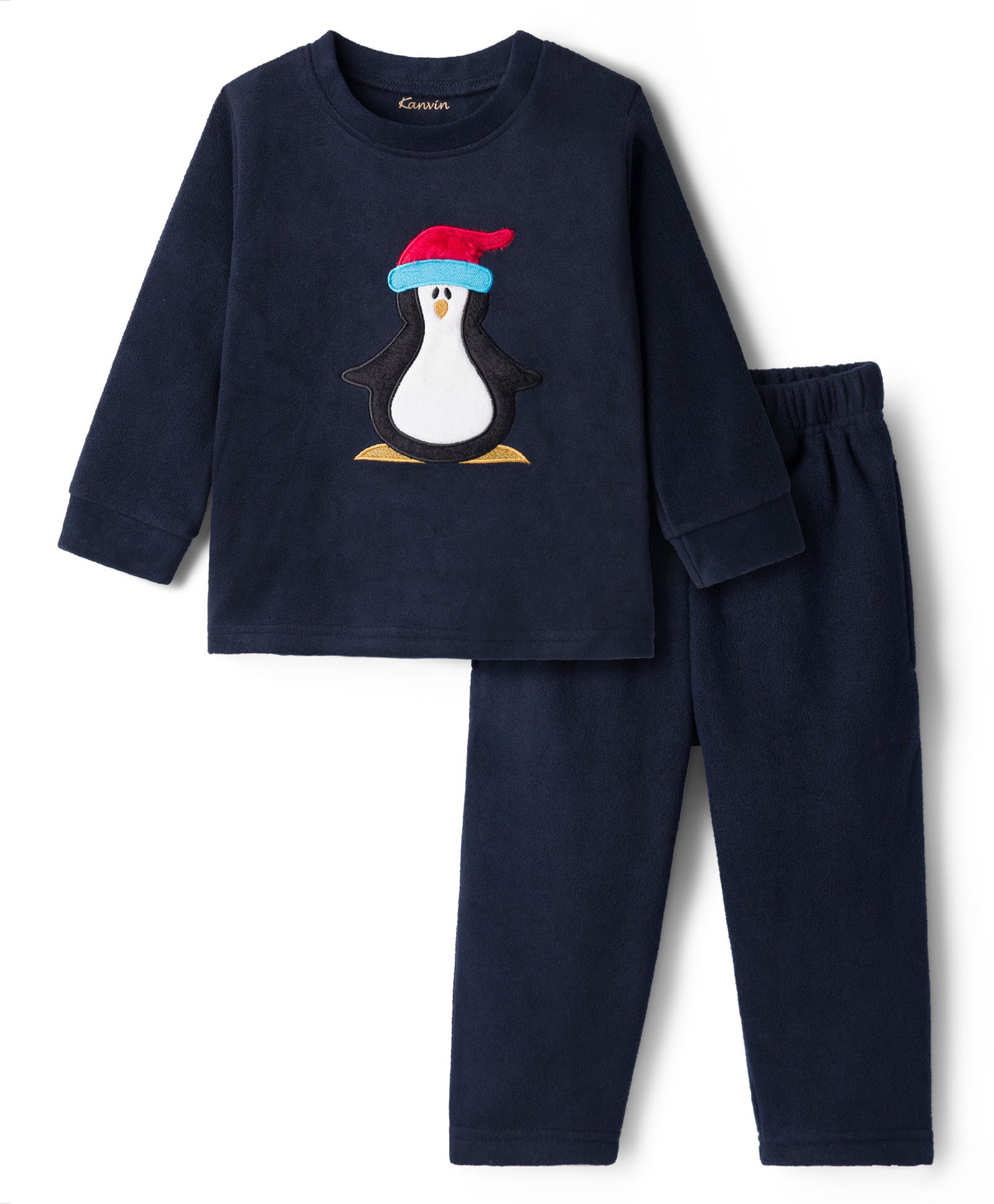 Kanvin Fleece Knit Full Sleeves Antipilling Winter Night Suit with Penguin Patch Embroidery - Navy Blue-image-8