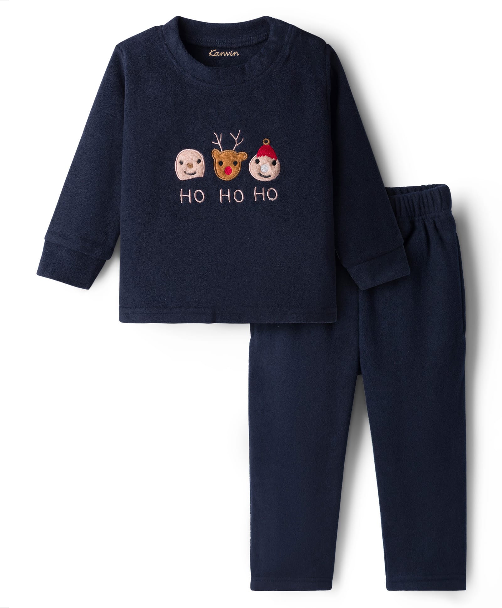 Kanvin Knit Full Sleeves Winter Wear Fleece Antipiling Polar T-Shirt & Lounge Pant Set With Animal Embriodery - Navy Blue-image-21