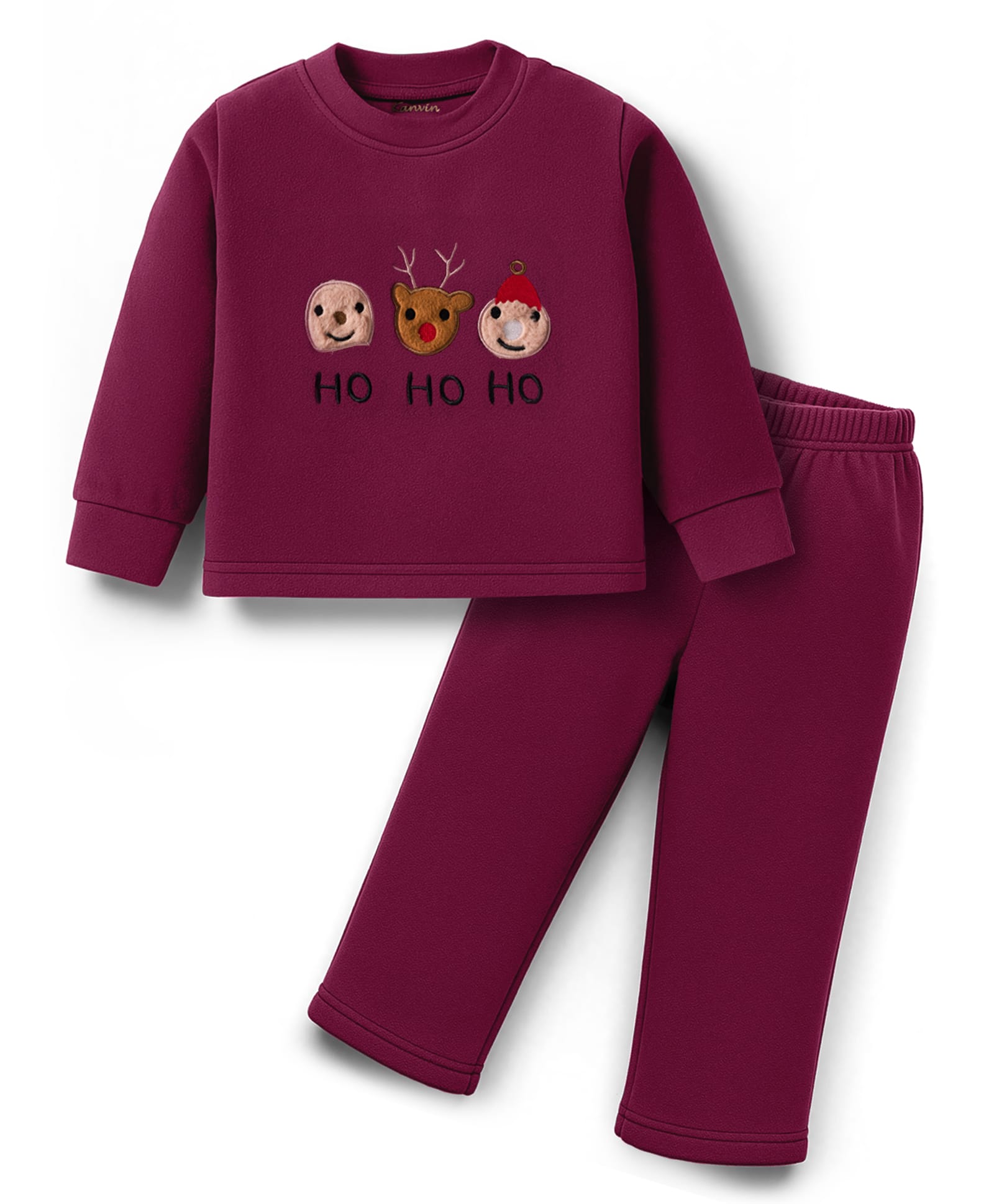 Kanvin Fleece Knit Full Sleeves Winter Wear Antipiling Polar T-Shirt & Lounge Pant Set With Animal Embriodery - Maroon-picture-17