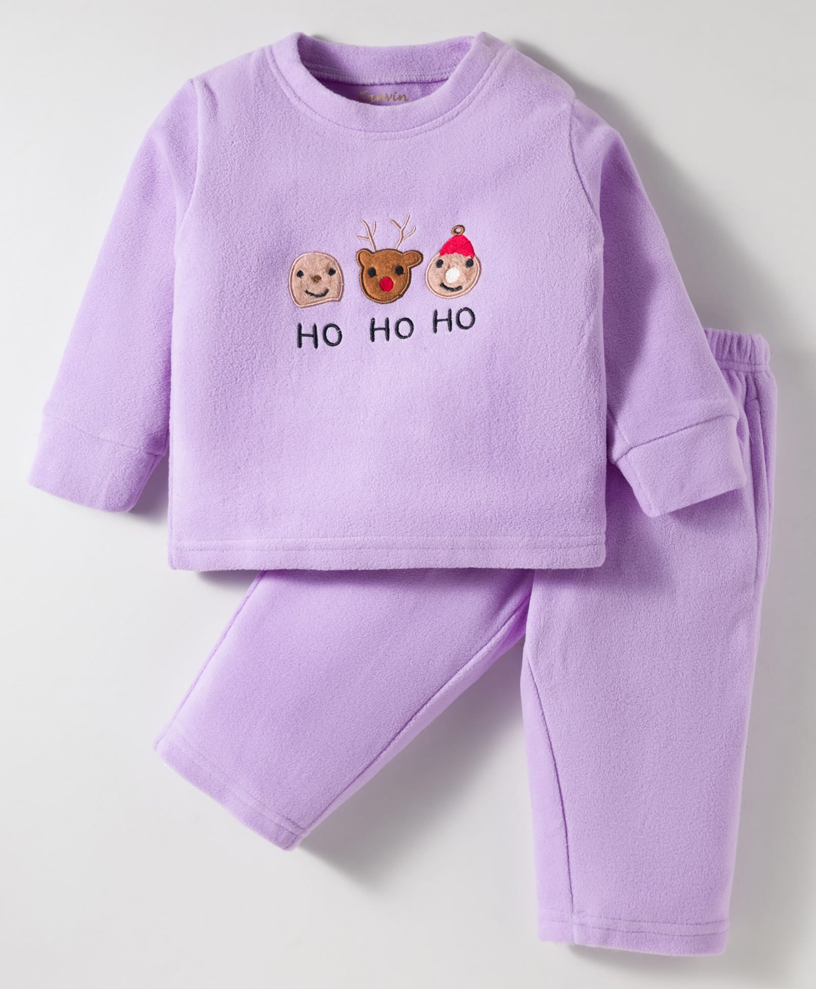 Kanvin Knit Full Sleeves Winter Wear Antipiling Polar Fleece T-Shirt & Lounge Pant Set With Animal Embriodery - Voilet-image-24