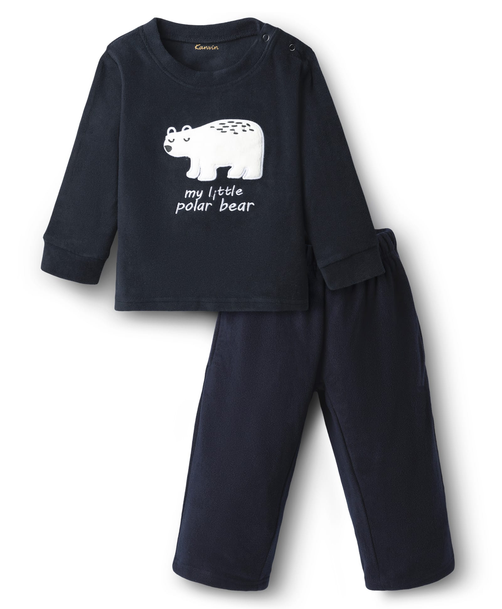 Kanvin Fleece Knit Full Sleeves Winter Night Suit Anti Pilling with Polar Bear Patch - Black-image-28