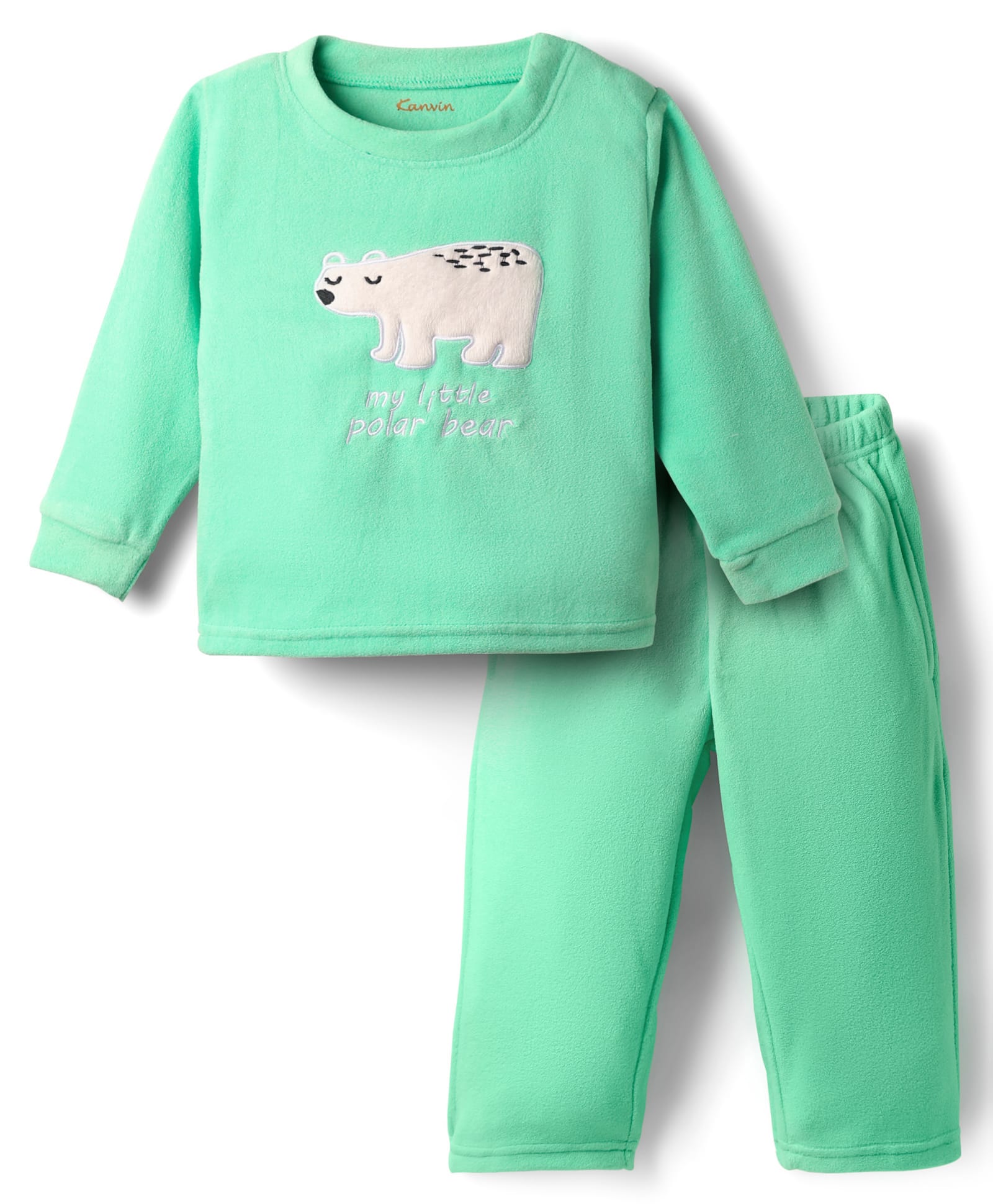Kanvin Fleece Knit Full Sleeves Winter Night Suit Anti Pilling with Polar Bear Embroidery - Mint Green-image-26