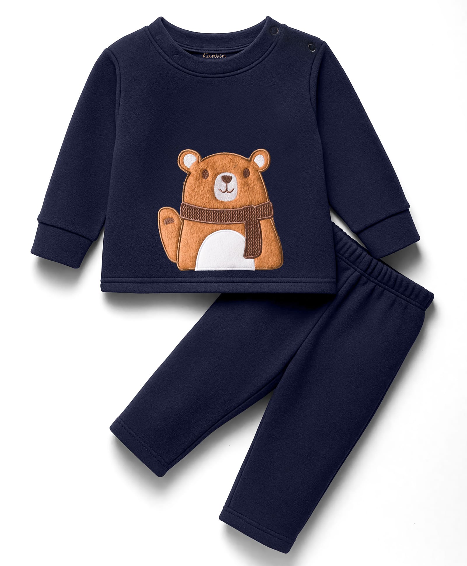 Kanvin Fleece Knit Full Sleeves Antipilling Winter Night Suit with Bear Patch Embroidery - Navy Blue-image-44