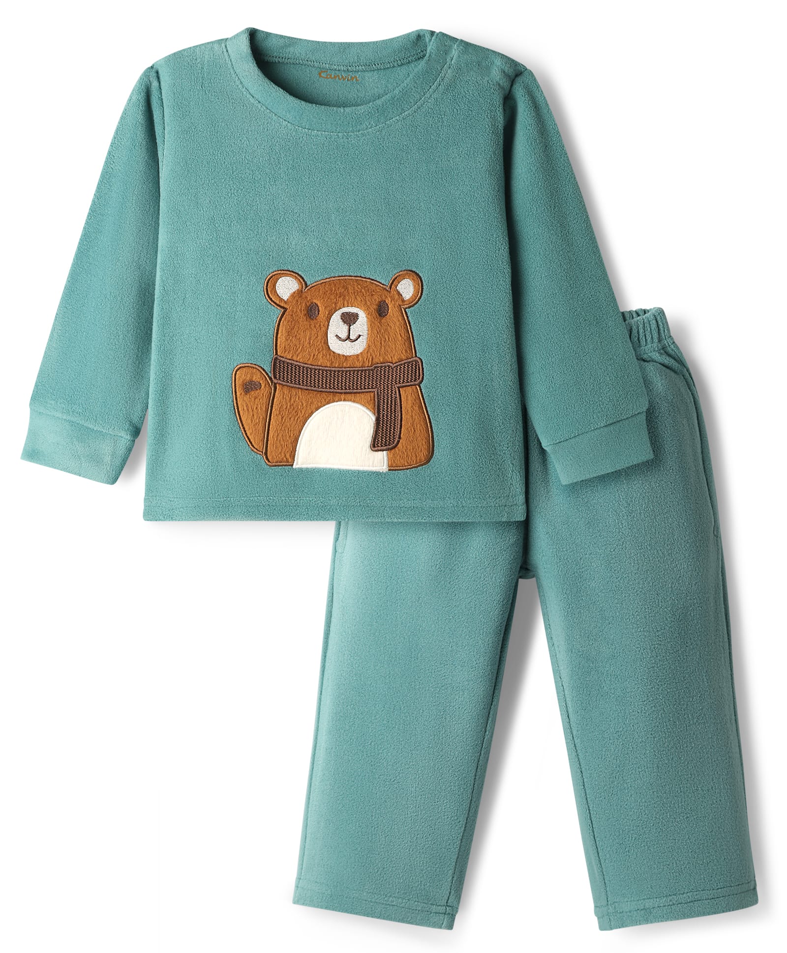 Kanvin Fleece Knit Full Sleeves Antipilling Winter Night Suit with Bear Patch Embroidery - Turquoise
