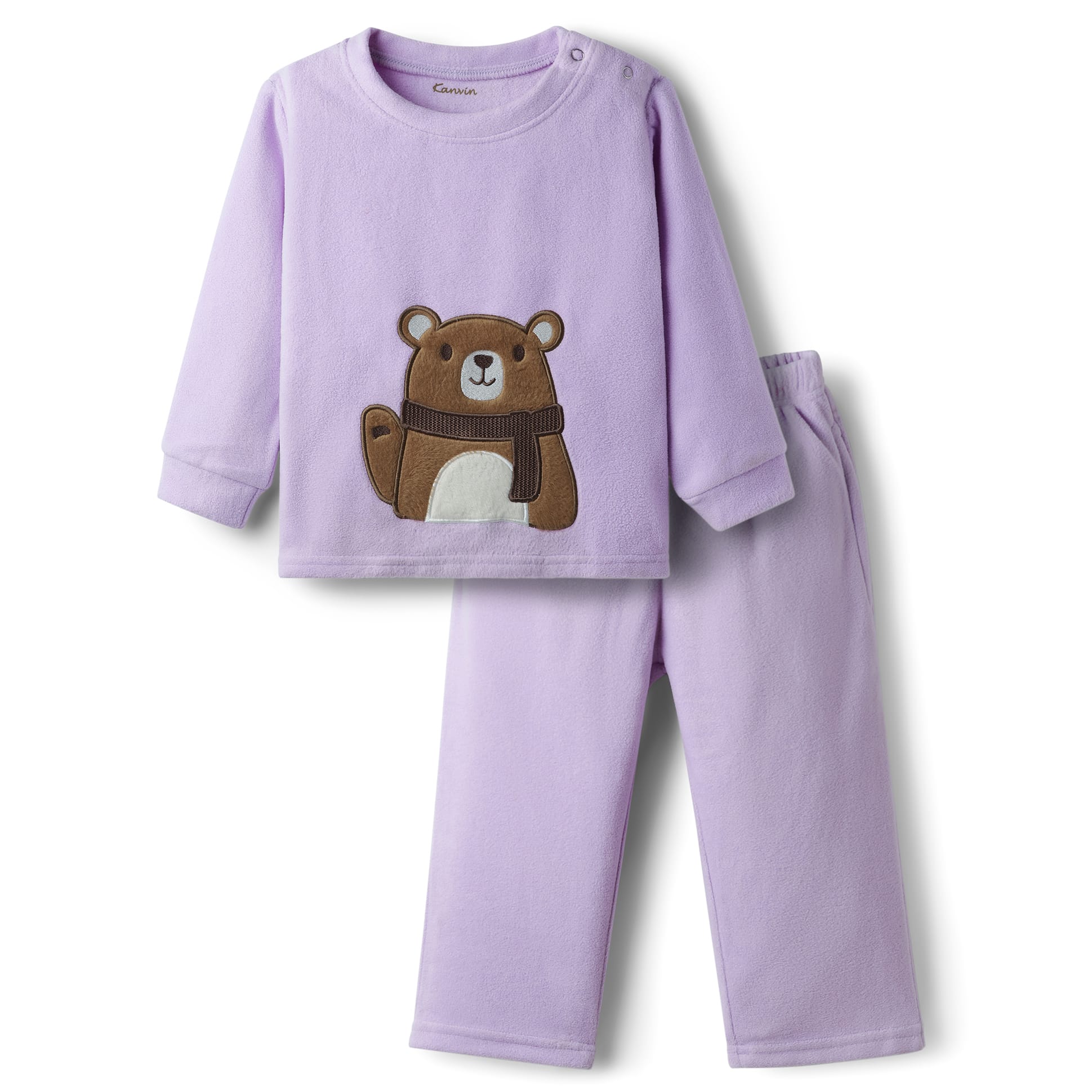 Kanvin Fleece Knit Full Sleeves Antipilling Winter Night Suit with Bear Patch Embroidery - Lilac-image-45