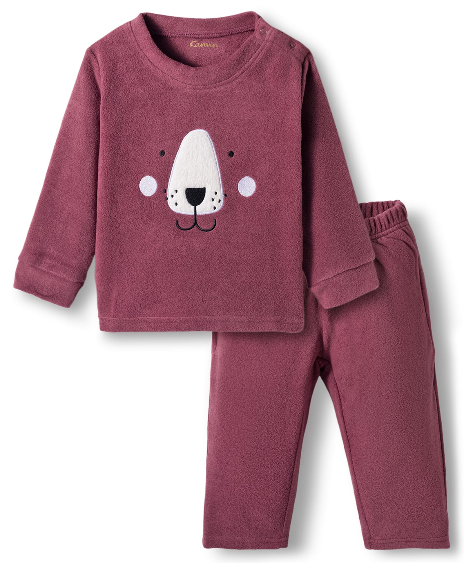 Kanvin Fleece Knit Full Sleeves Antipilling Winter Wear Night Suit With Animal Print - Dark Pink-image-49