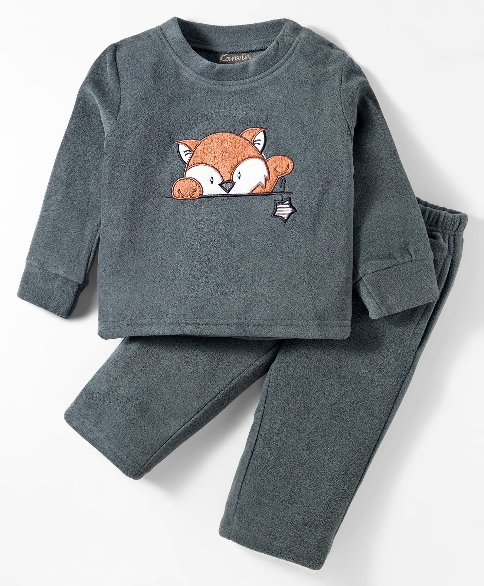 Kanvin Antipilling Polar Fleece Knit Full Sleeves Winter Night Suit with Fox Patch Detailing - Dark Green-image-6