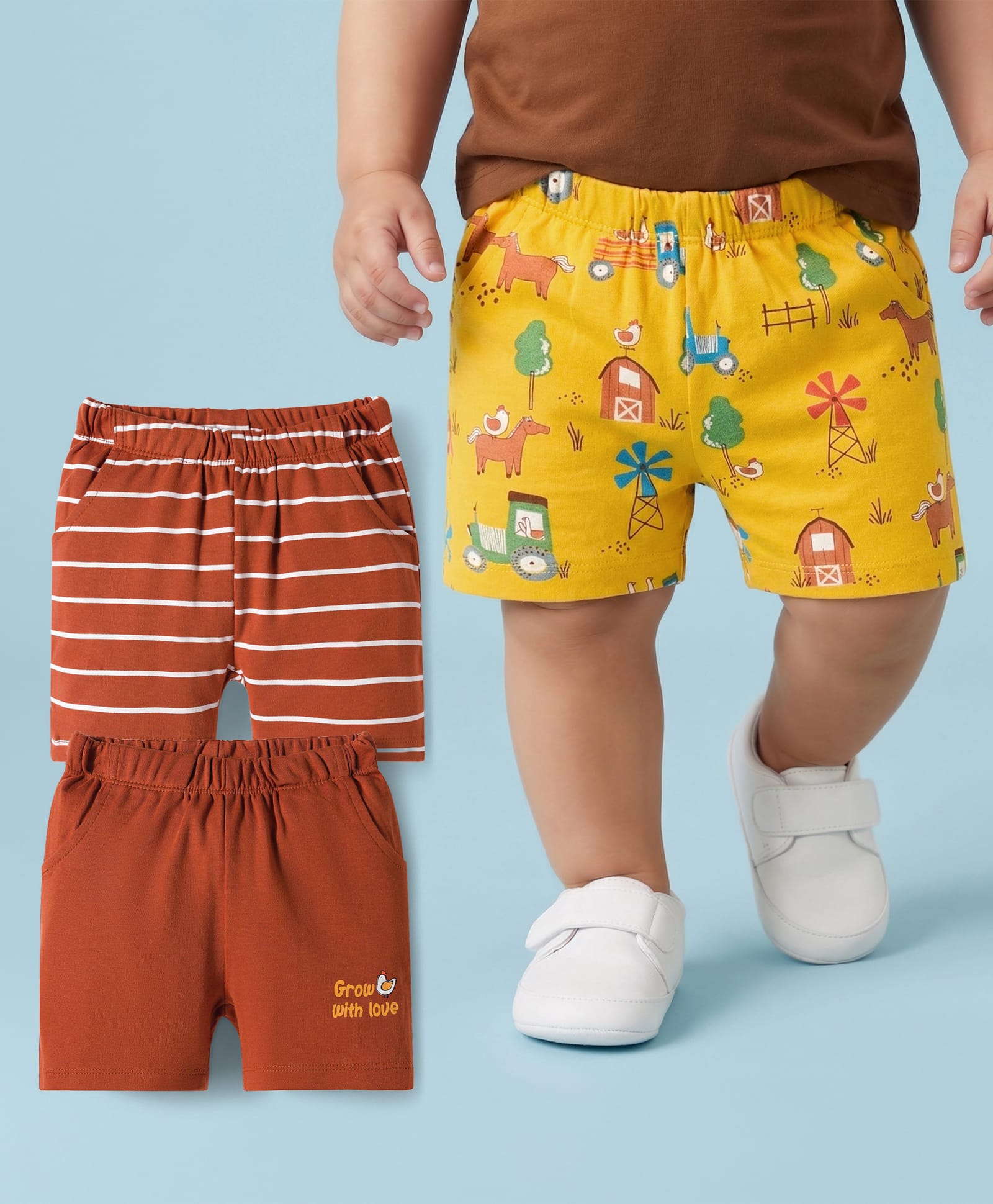 Babyoye 100% Cotton Interlock Knit Shorts With Eco Jiva Finish & Animal Print Pack Of 3 - Yellow & Brown-picture-10