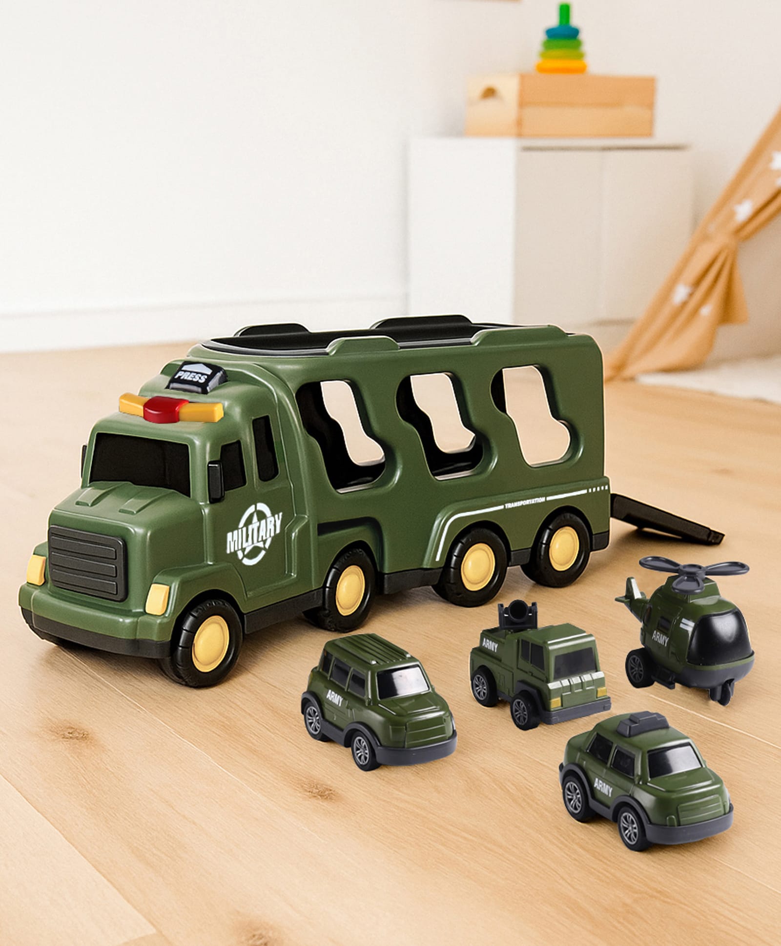 Play Nation 5 In 1 Friction Powered Military Army Truck Toy Set With Light & Sound - Olive Green