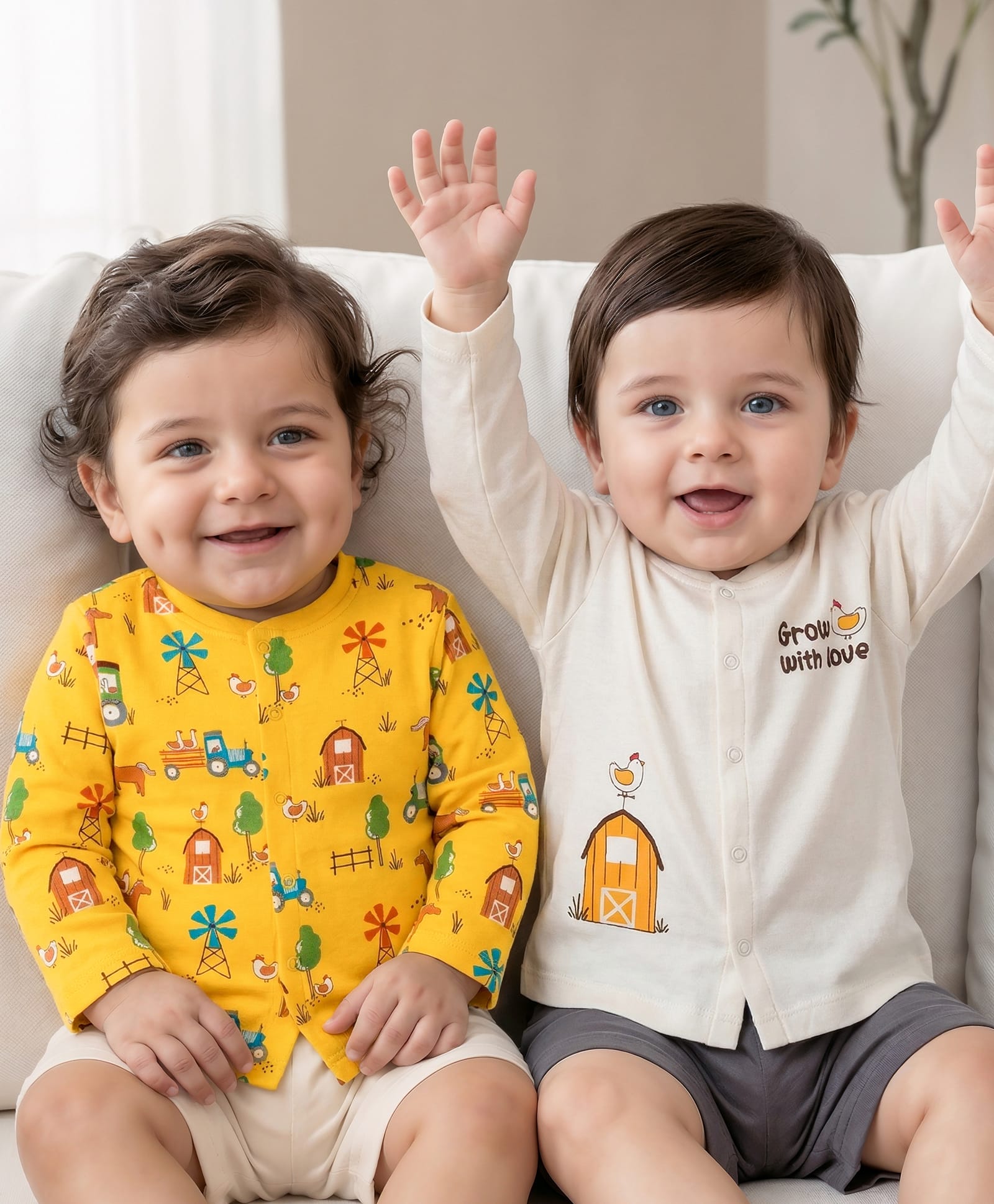 Babyoye 100% Cotton Knit With Eco Jiva Finish Full Sleeves Jhablas with Farm Print Pack of 2 - Yellow & White-picture-12