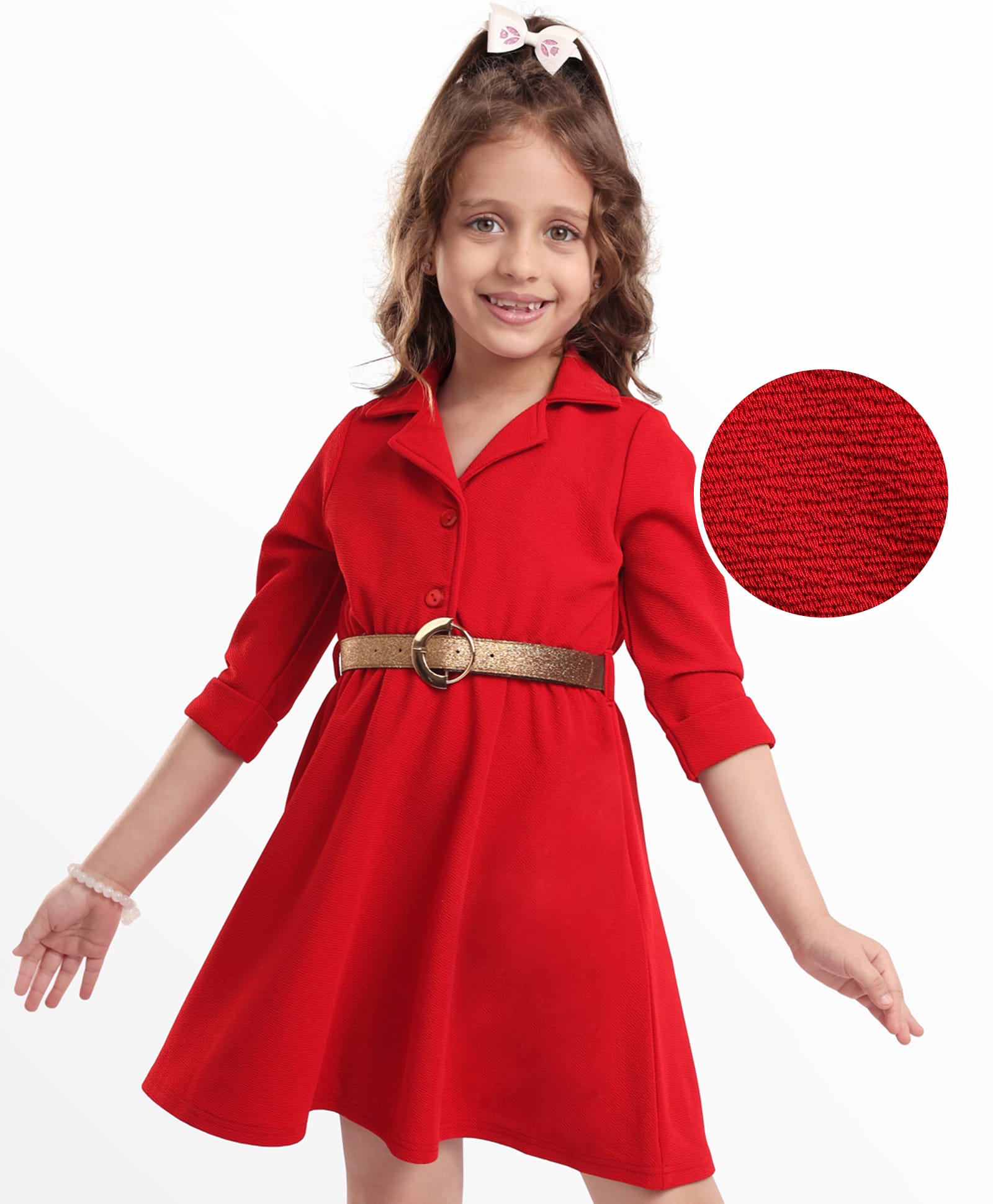 Hola Bonita Knit Three Fourth Sleeves Textured Solid Shirt Dress with Belt - Red-picture-28