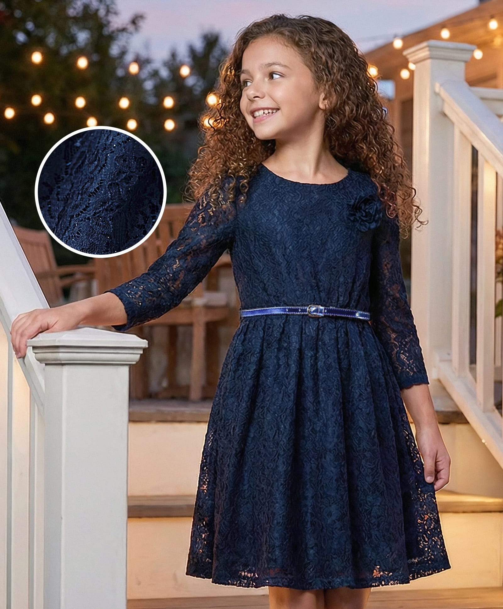 Hola Bonita Knit Three Fourth Sleeves Lace Dress with Belt & Floral Applique - Navy Blue-image-24