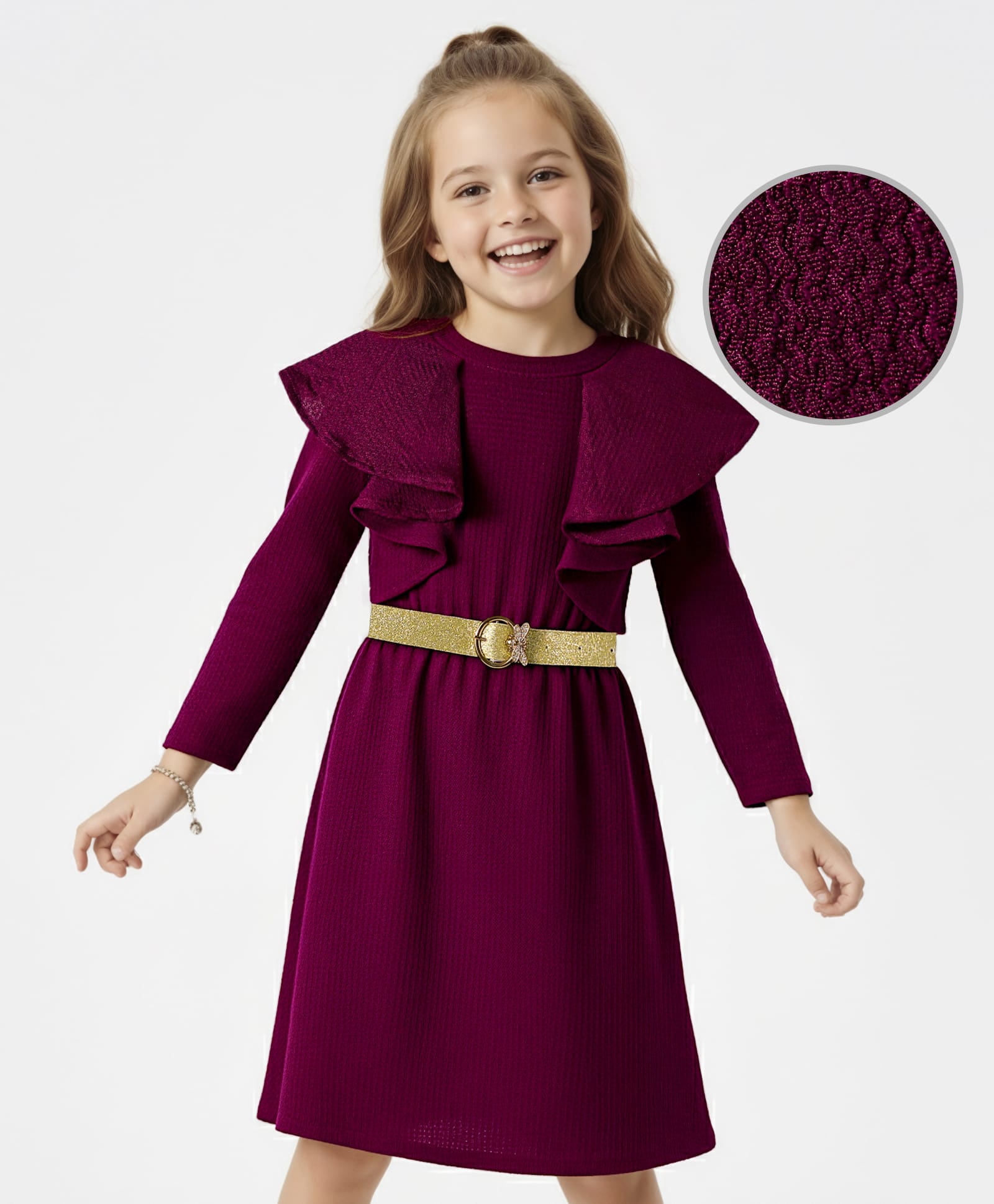 Hola Bonita Knit Full Sleeves Solid Colour Textured Fabric Frocks With Belt - Wine-picture-24