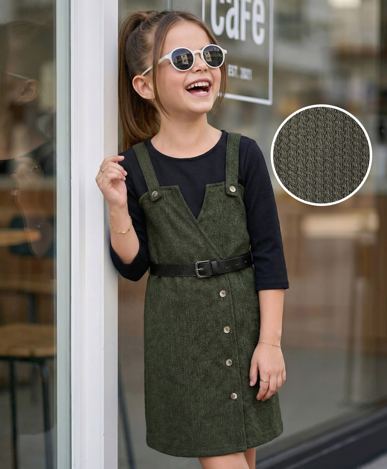 Hola Bonita Knit Full Sleeves Textured Solid Color Dress with Inner Tee & Belt - Olive Green-image-33