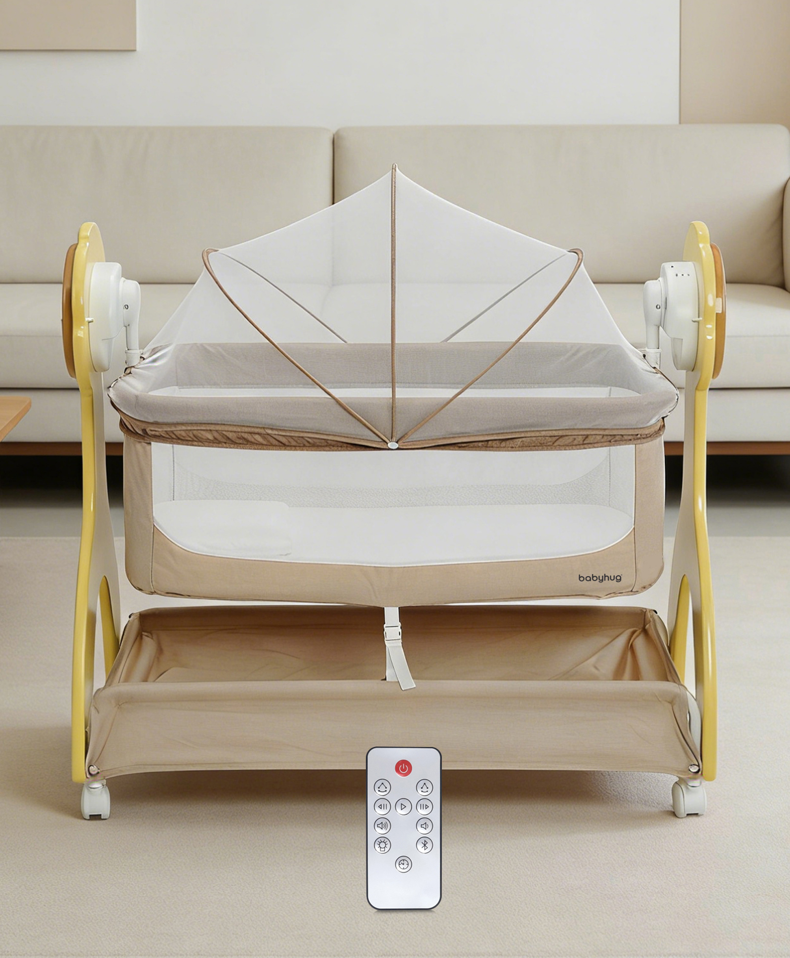 Babyhug Sun Flower Wooden Electric Cradle with Mosquito Net - Beige| 3 Level Swing| Sturdy Wooden Frame| 3 Preset Timer| Soothing Music| Wheels with Lock| Mesh Sides for Ventilation| Newborn Essential-image-18