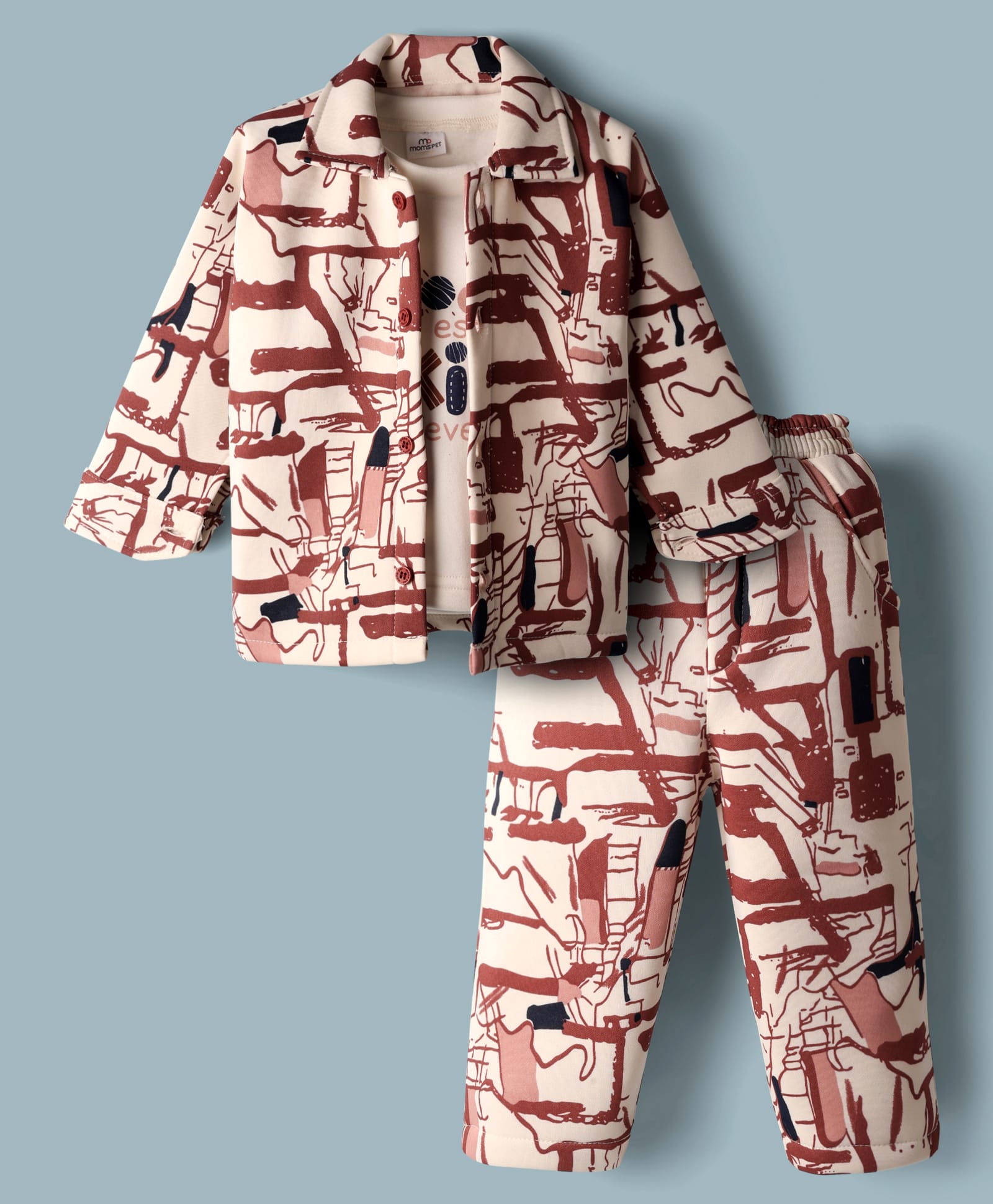 Mom's pet Fleece Knit Full Sleeves Abstract Printed Shacket & Pant With Inner Tee Set - Brown-picture-47