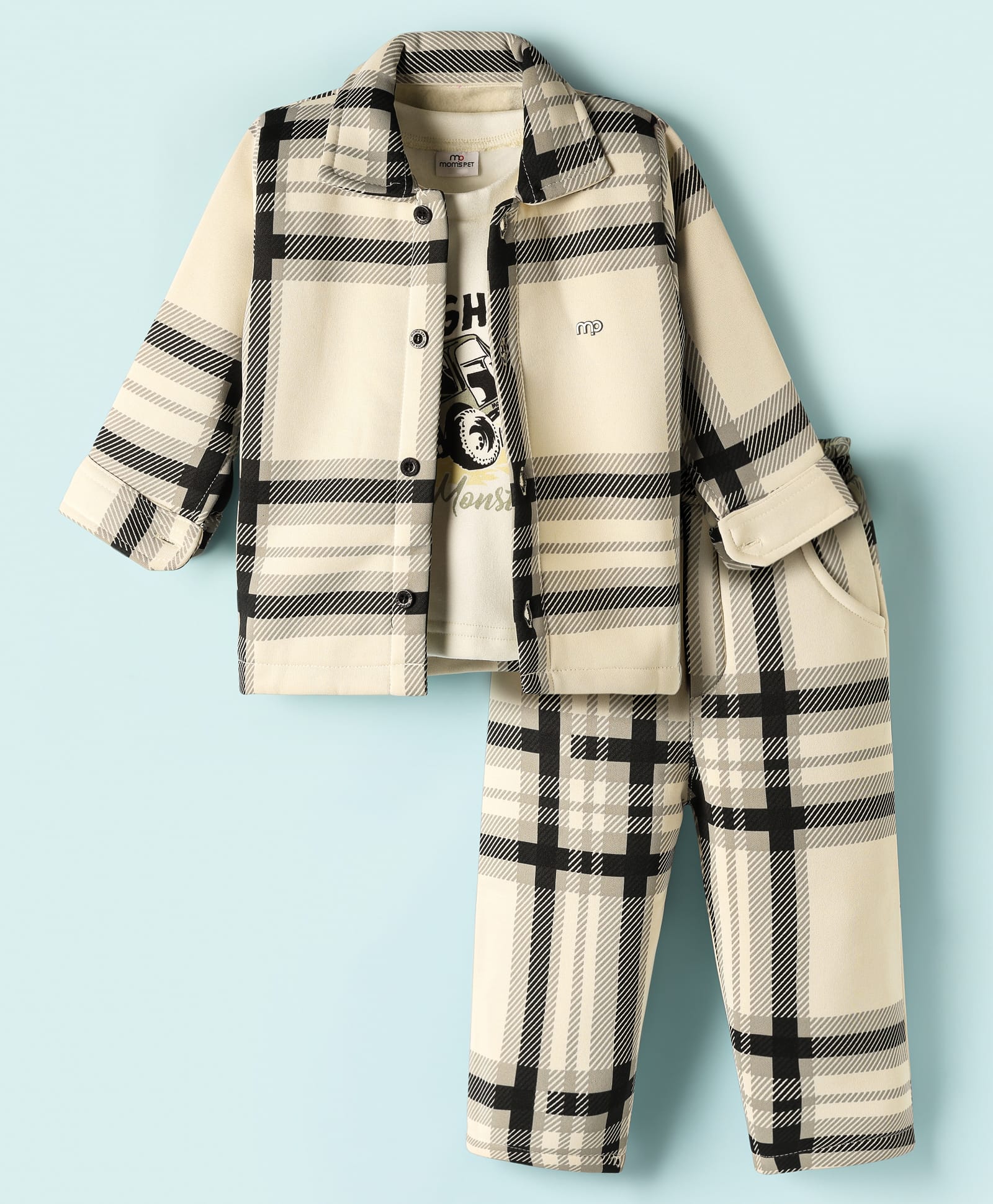 Mom's pet Fleece Knit Full Sleeves Striped Shacket & Pant With Inner Tee Set - White-picture-15