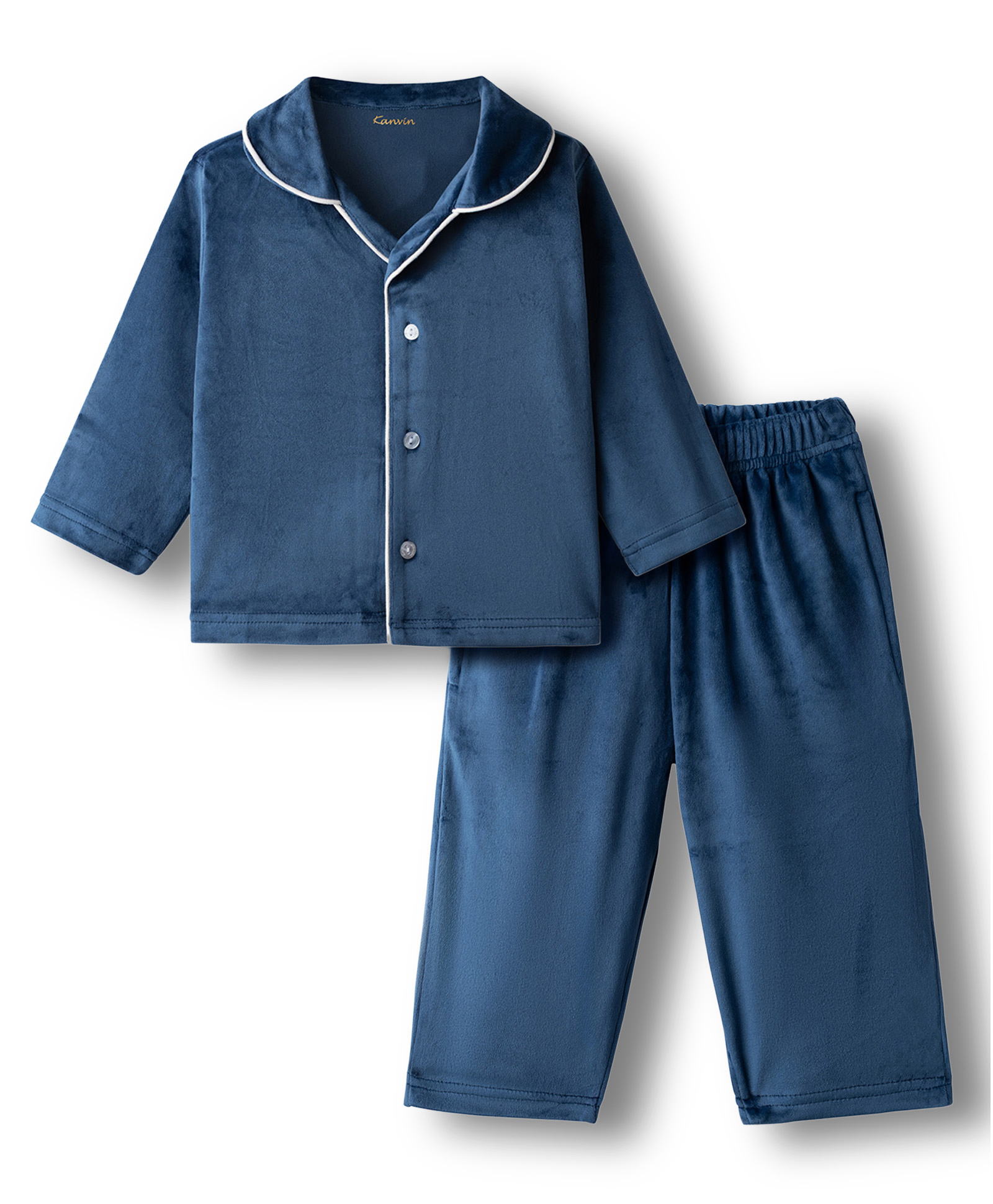 Kanvin Velour Knit Full Sleeves Winter Solid Color Co-ord Night Suit - Navy Blue-image-30