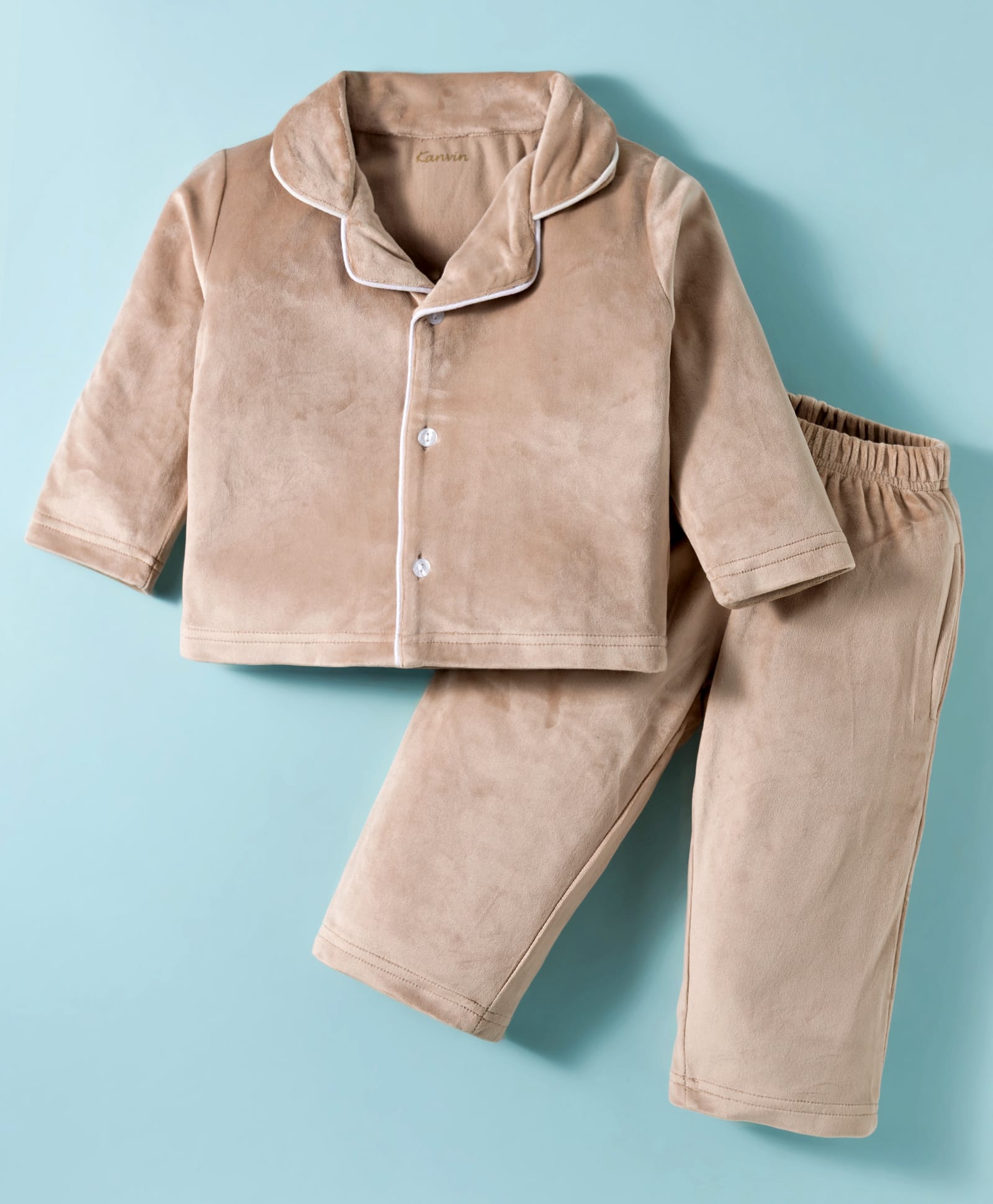 Kanvin Velour Knit Full Sleeves Winter Solid Color Co-ord Night Suit - Tan-picture-12
