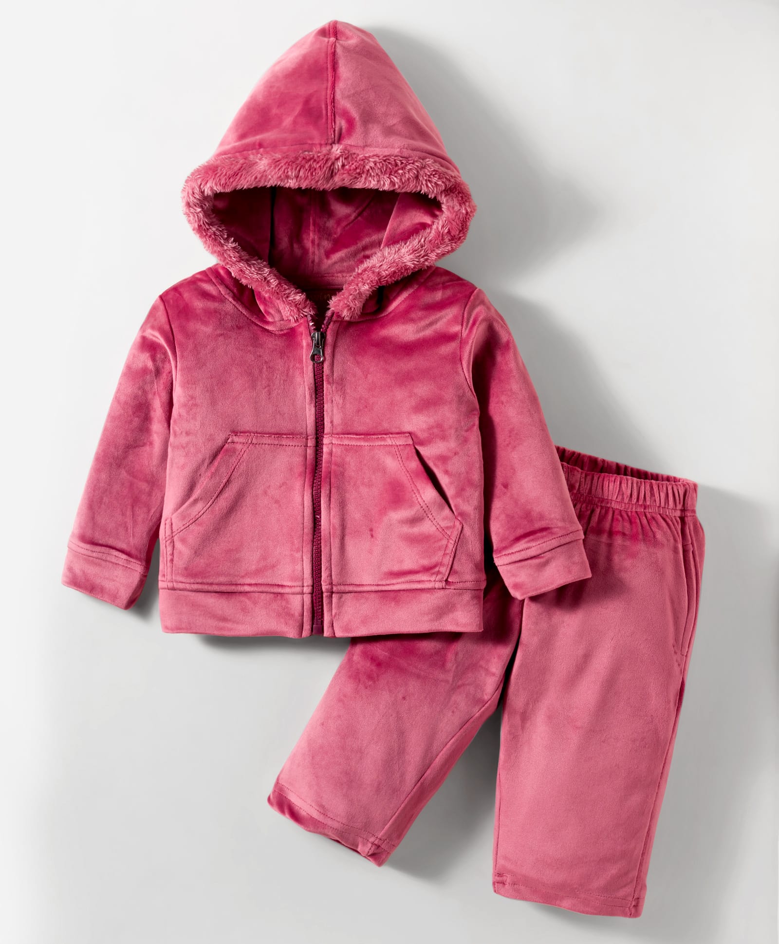 Kanvin Knit Full Sleeves Solid Color Hooded Co-ords Winter Wear Suit with Kangaroo Pocket - Pink-image-21