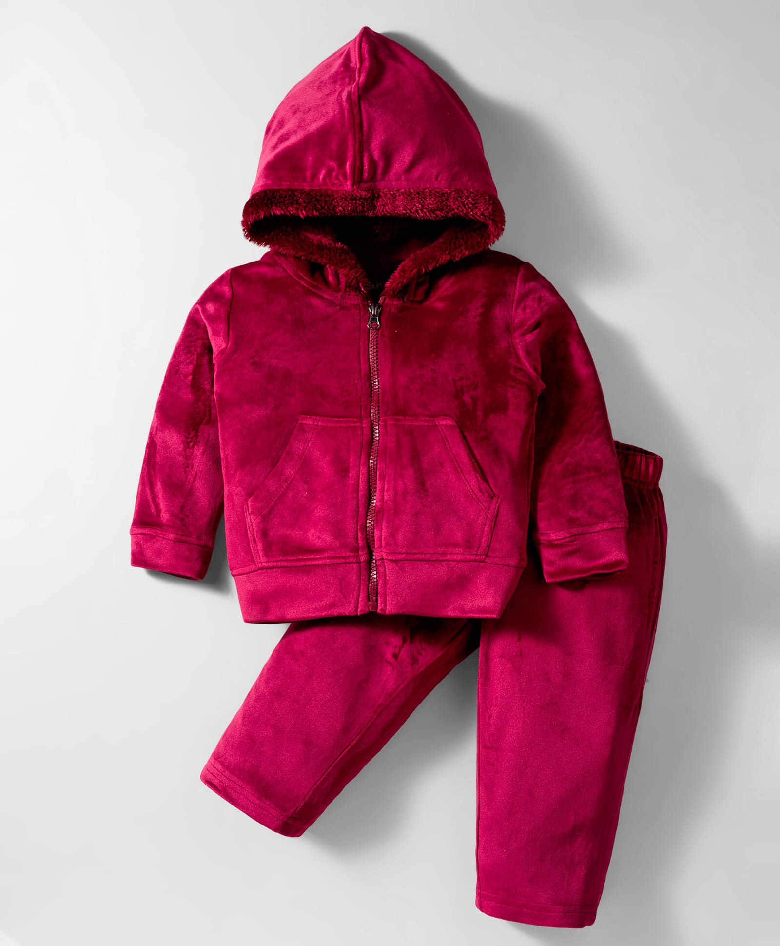Kanvin Knit Full Sleeves Solid Color Hooded Co-ords Winter Wear Suit with Kangaroo Pocket - Wine-image-24