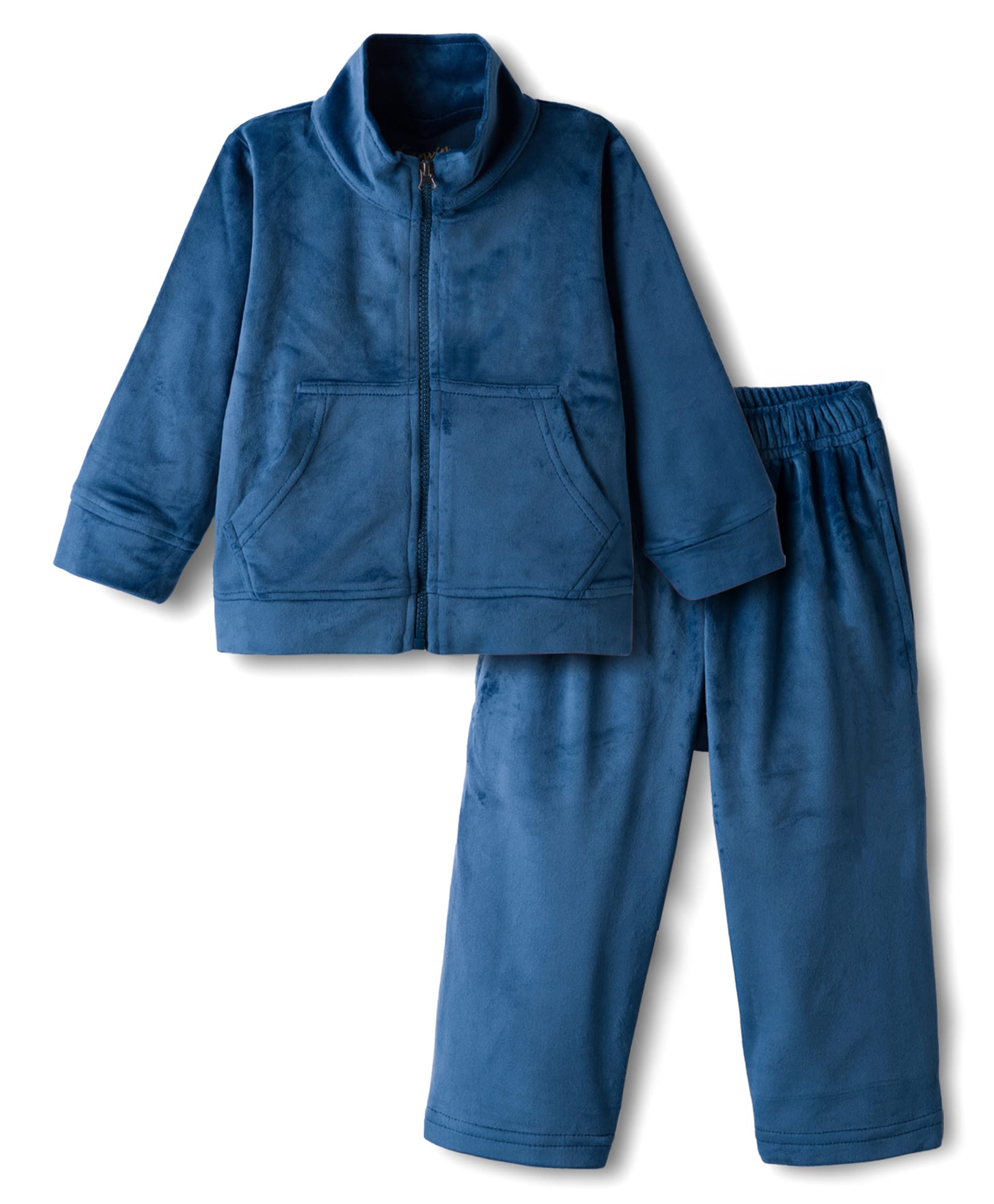 Kanvin Velour Knit Full Sleeves Winter Wear Solid Colour Co-Ords Front Open Sweatshirt with Kangaroo Pockets & Lounge Pant Set - Navy Blue-image-35