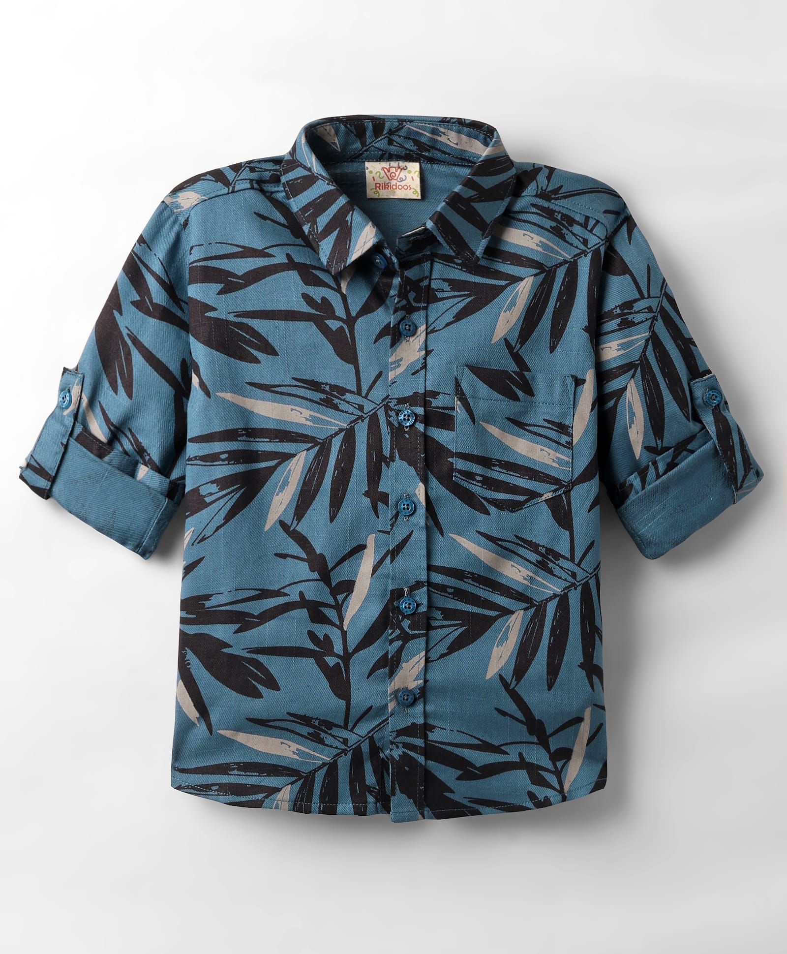 Rikidoos Full Sleeves Leaves Printed Shirt - Blue-image-6