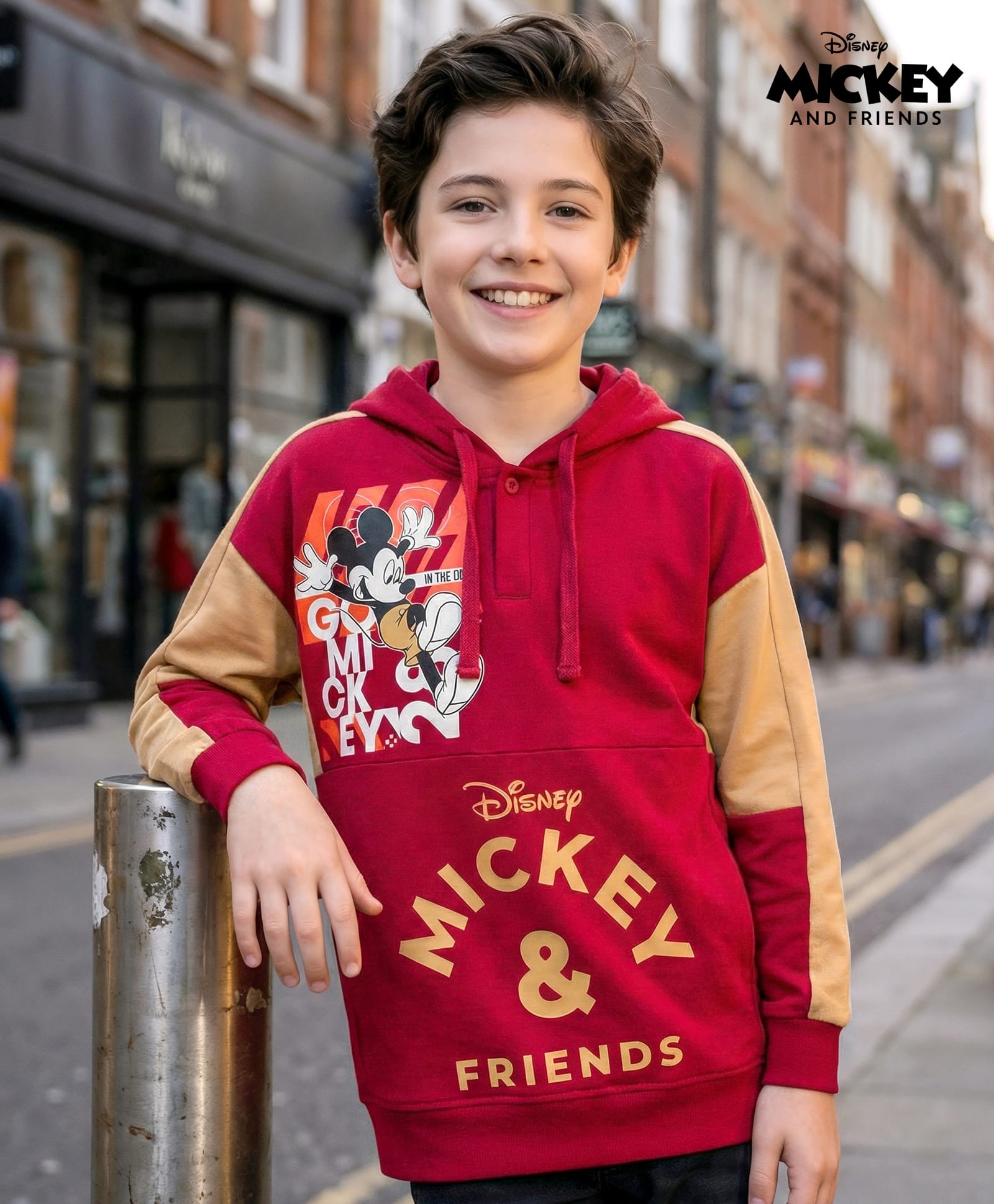 Honeyhap Disney Terry Knit Full Sleeves Cut & Sew Hooded Sweatshirt with Mickey Mouse Graphics - Red-image-12
