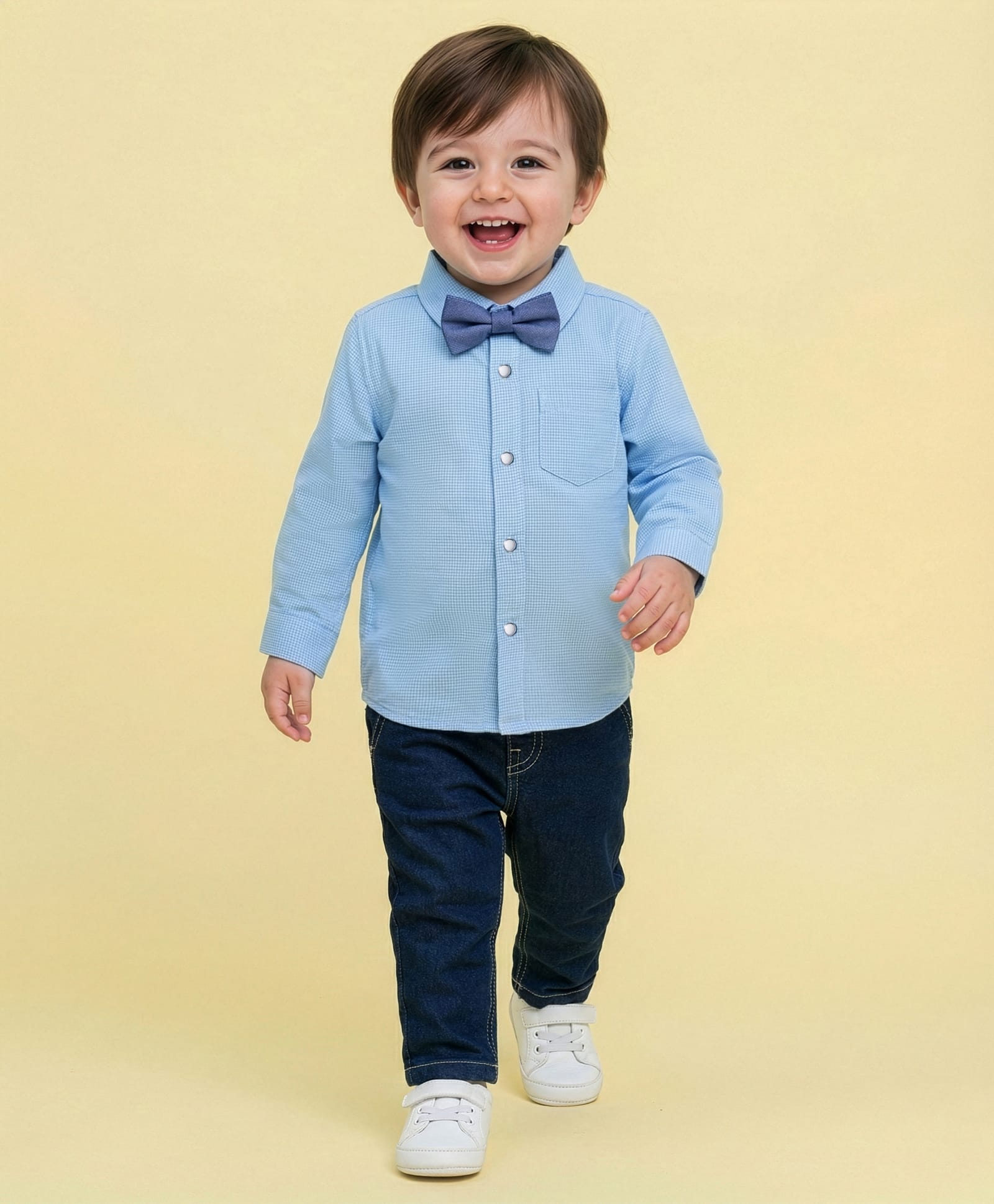 Babyoye 100% Cotton Woven Solid Dyed Full Sleeves Shirt & Trouser with Checks & Bow - Blue & Light Blue-image-42