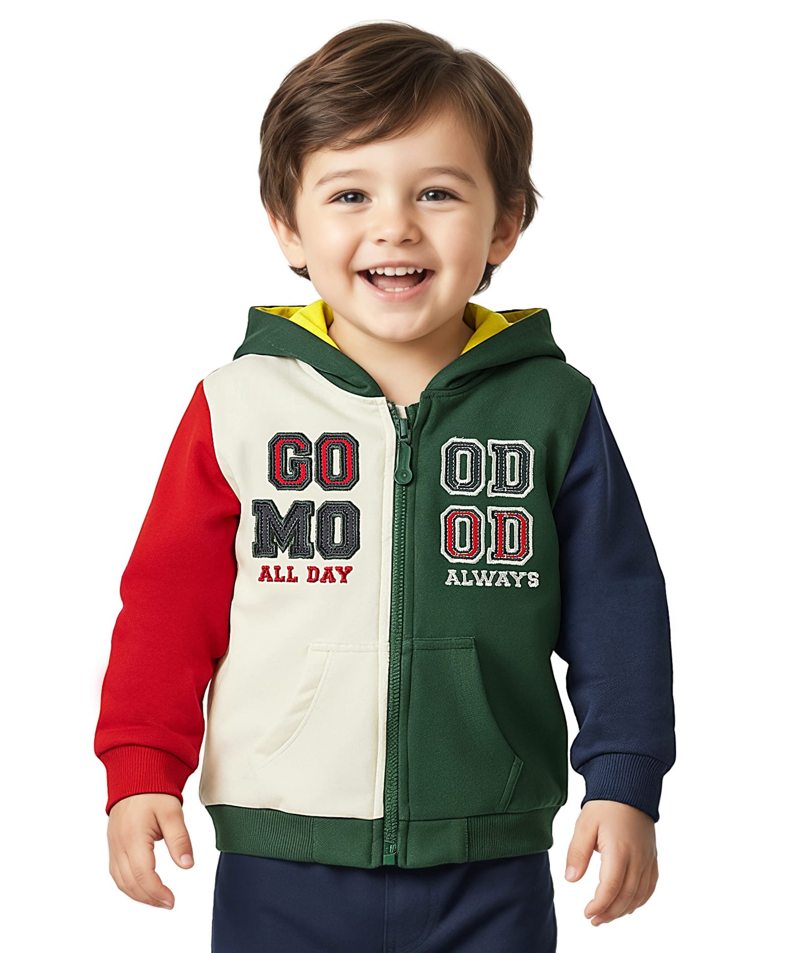 Babyoye 100% Cotton Fleece Knit Full Sleeves Cut & Sew Designed Hooded Sweatjacket with Text Print - Multicolor-picture-23