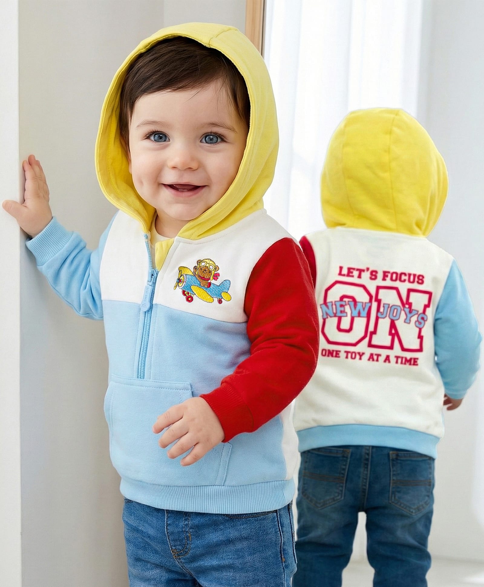 Babyoye 100% Cotton Knit Full Sleeves Hooded Sweatshirt With Kangaroo Pockets & Cut & Sew Design - Multicolor-picture-28