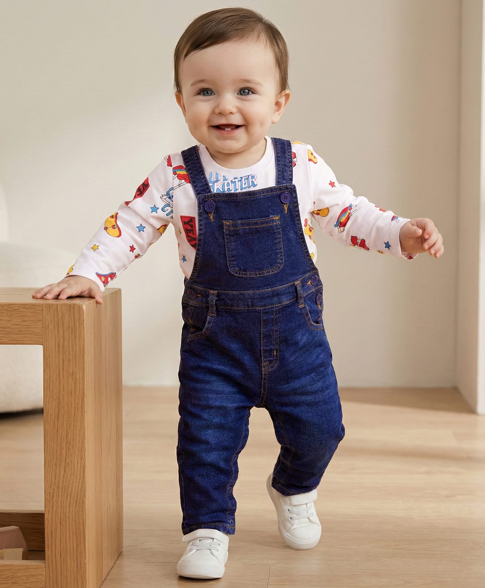 Babyoye 100% Cotton Knit Full Sleeves Dungaree Style Romper with Inner Tee & Sport Print - Navy Blue & White-picture-31