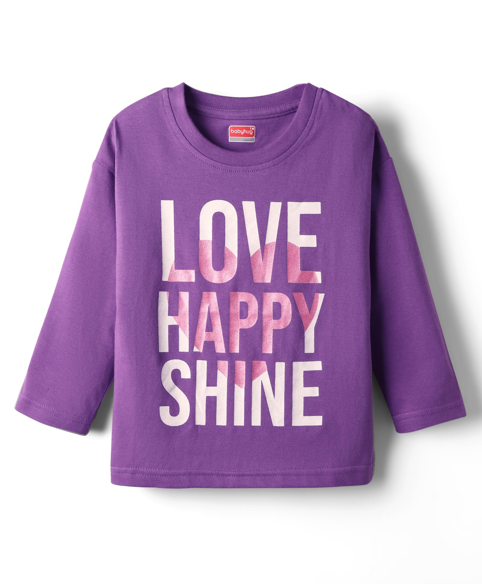 Babyhug 100% Cotton Knit Full Sleeves T-Shirt with Love Happy Shine Text Print - Purple-image-7