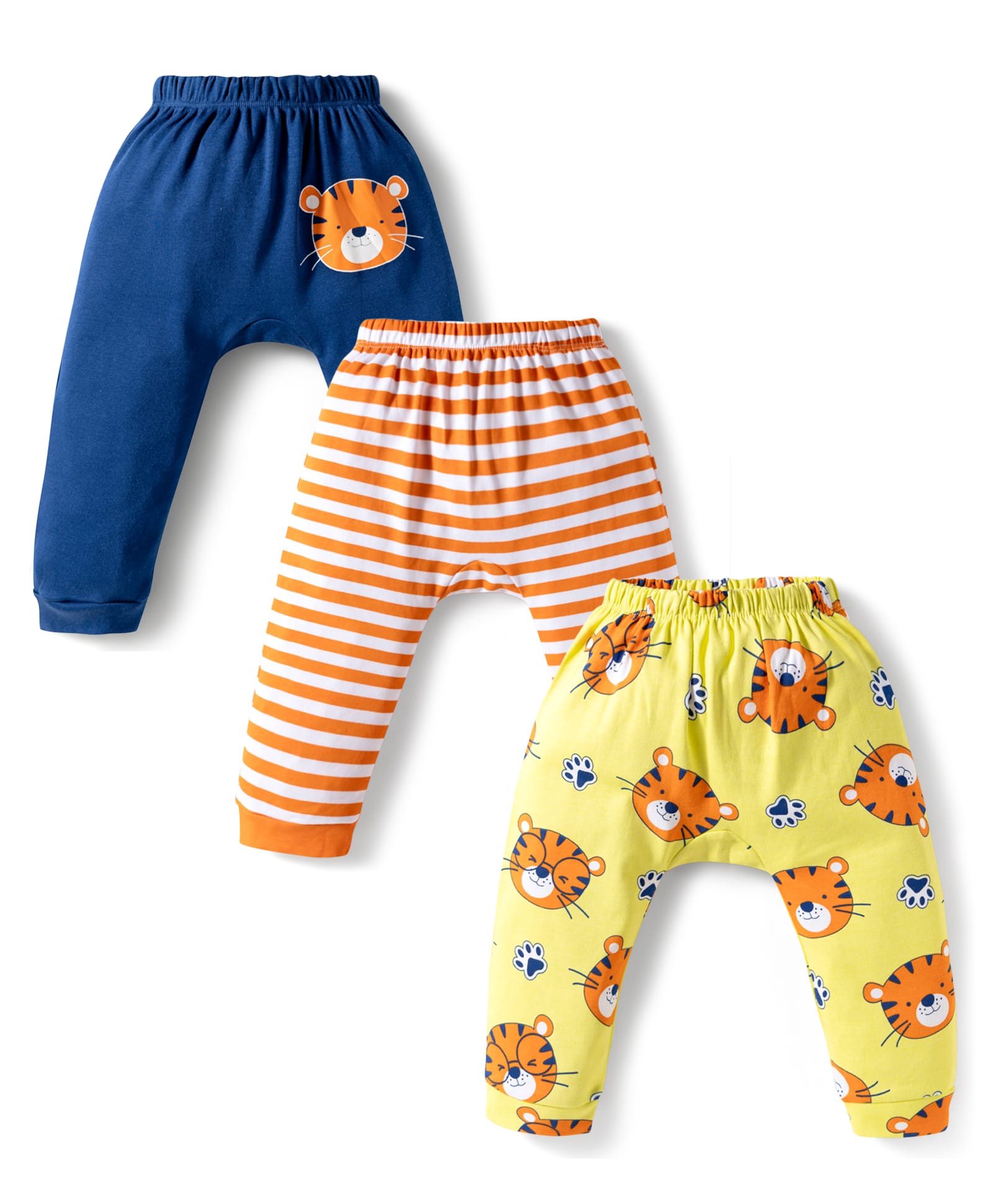 Doodle Poodle 100% Cotton Knit Full Length Diaper Leggings with Stripes & Animal Print Pack of 3 - Orange Blue & Yellow-picture-28