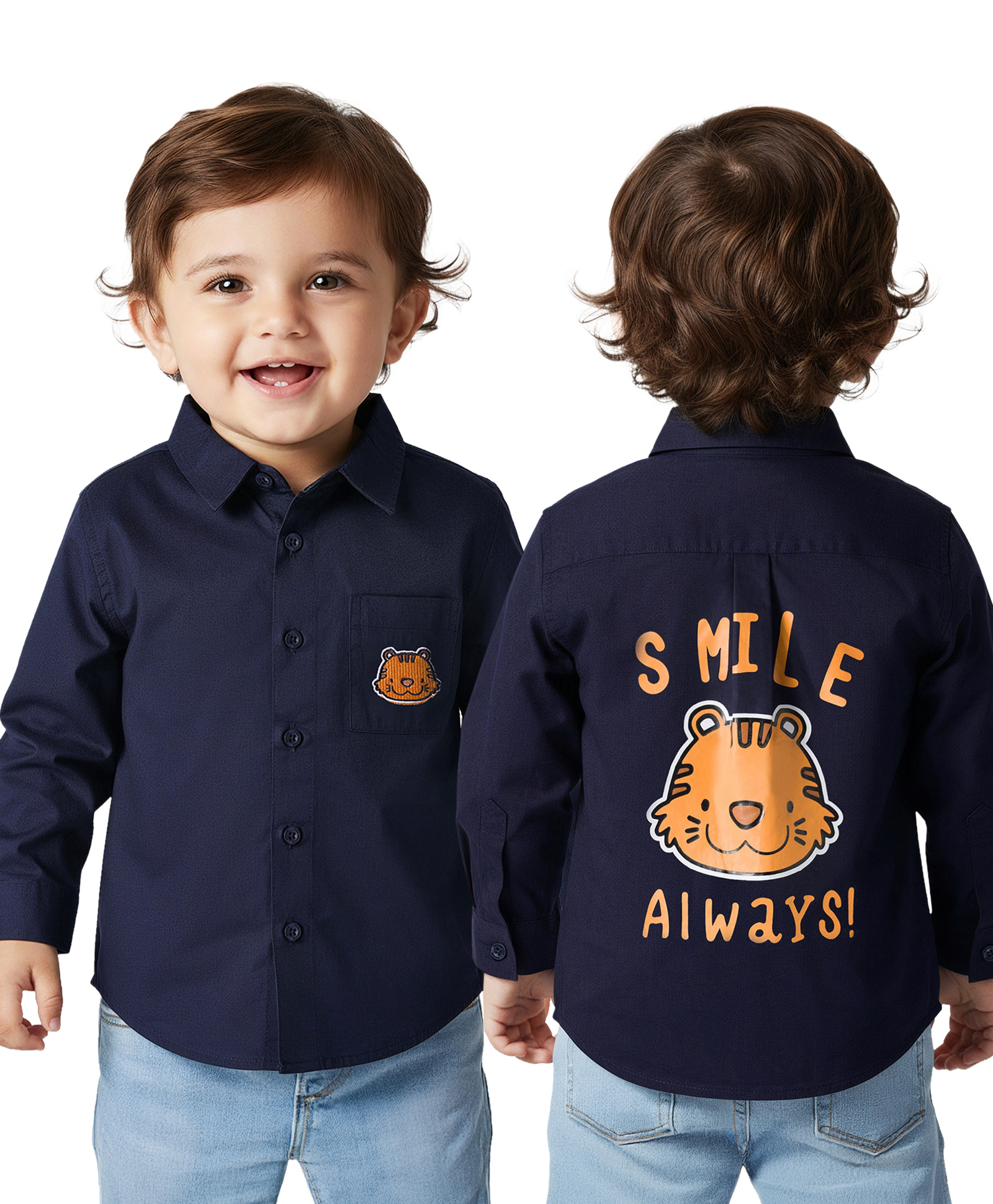 Babyoye 100% Cotton Twill Woven Full Sleeves Shirt With Text & Tiger Print & Embriodery - Navy Blue-picture-18