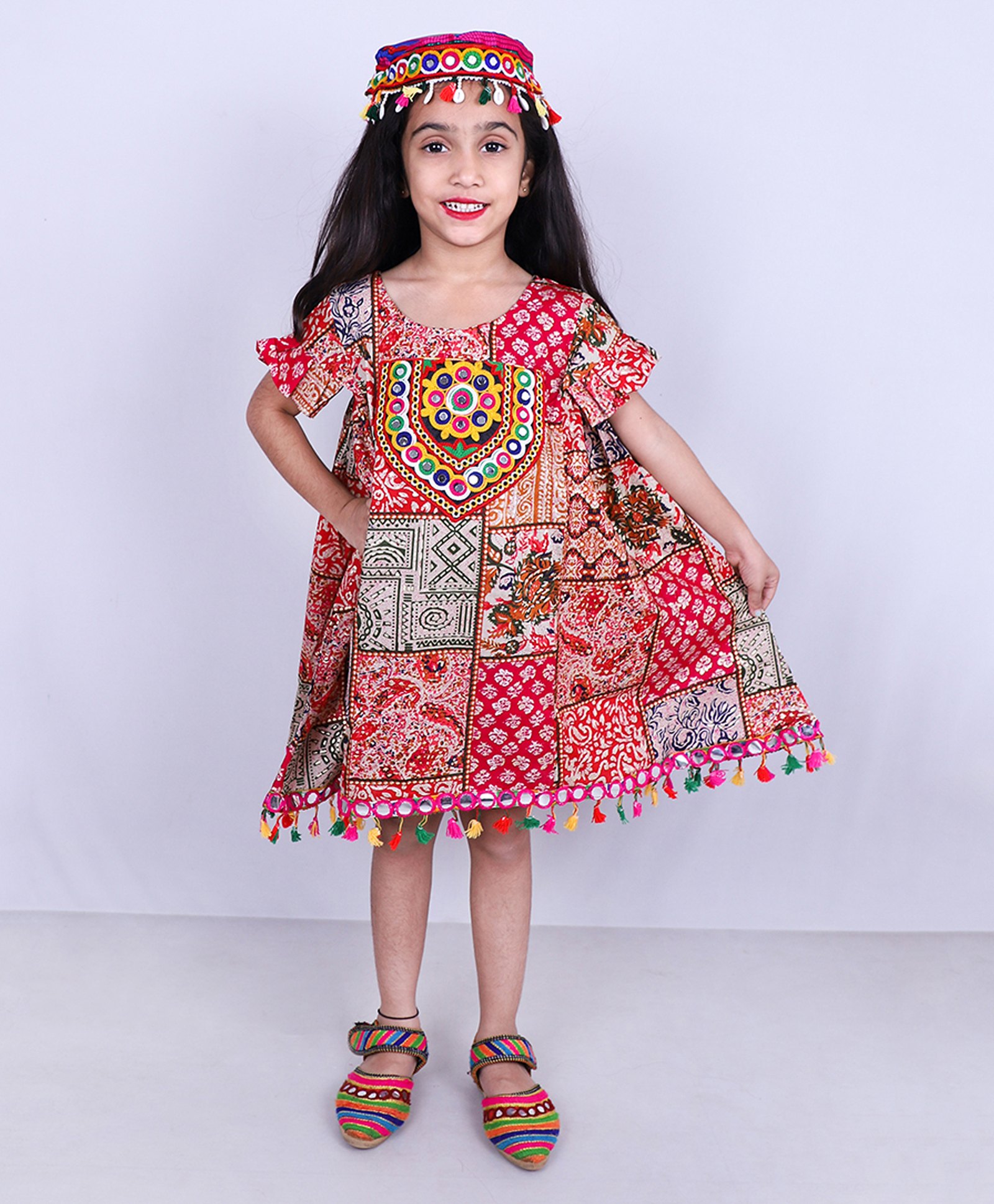 Aglare Navratri Theme Cotton Woven Half Sleeves Mirror Patch Detailed Ethnic Printed Dress With Cap - Multi Colour-image-19