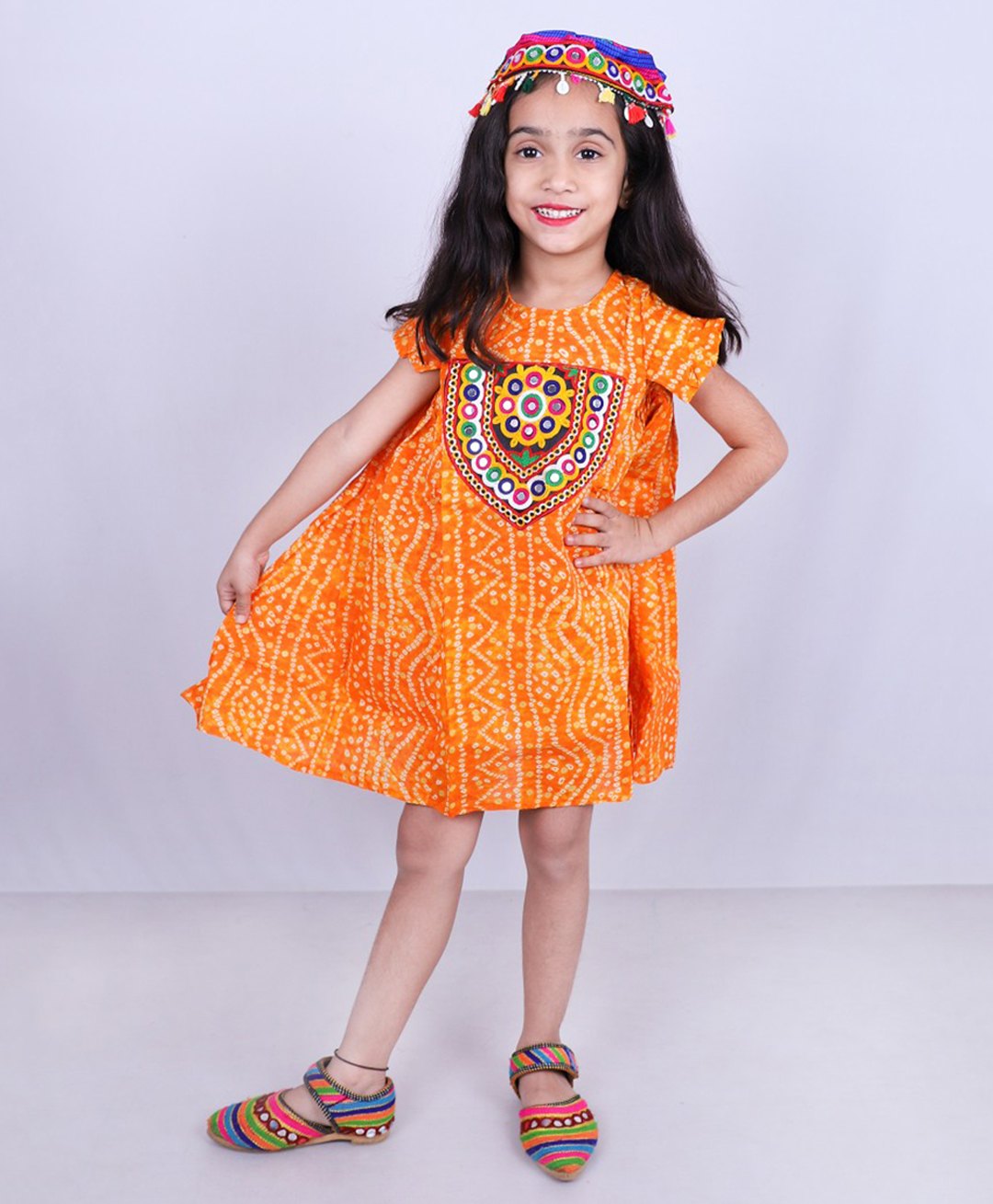 Aglare Cotton Woven Navratri Theme Short Sleeves Bandhani Designed & Mirror Work Detailed Dress With Cap - Yellow