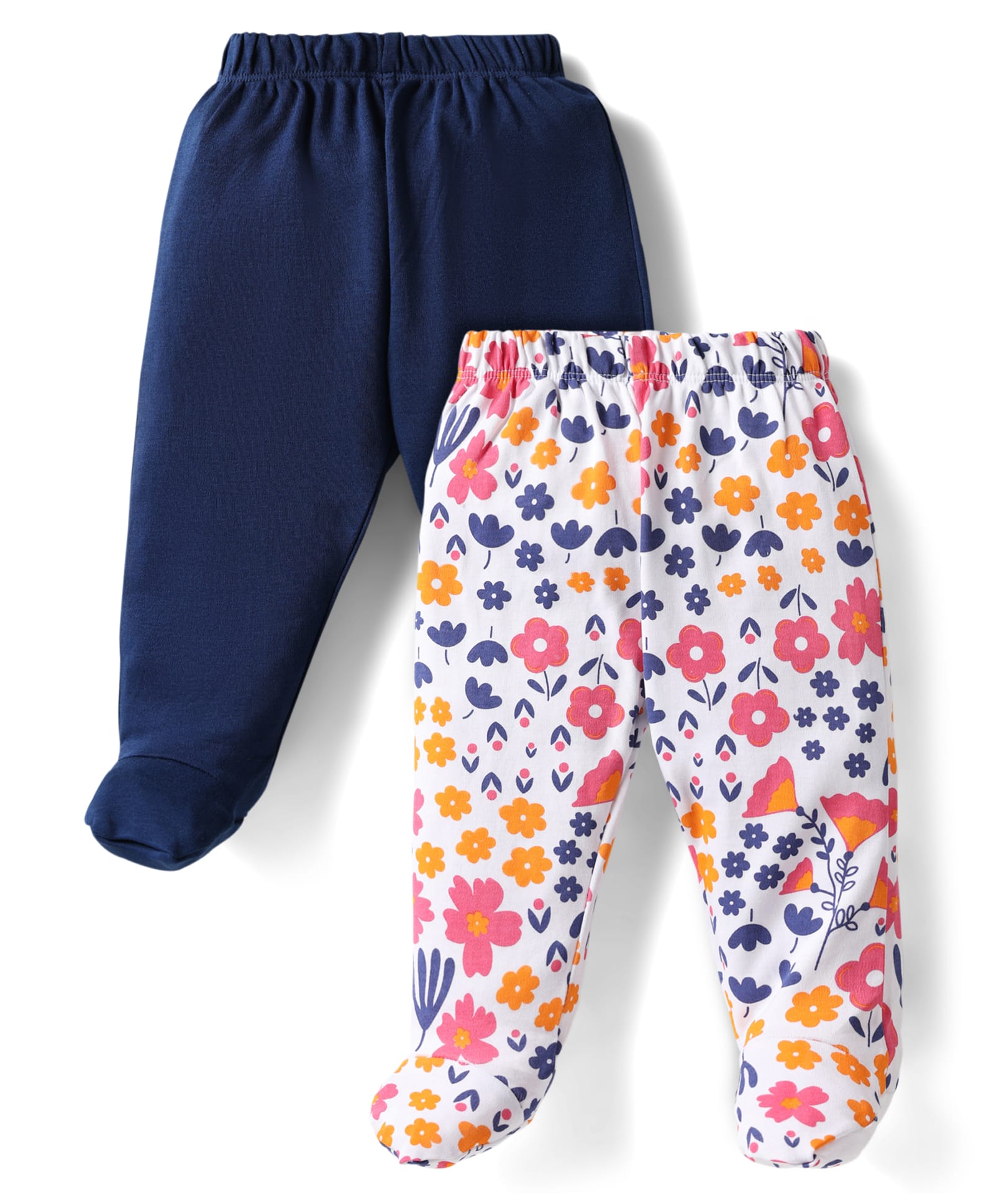 Doodle Poodle 100% Cotton Full Length Bootie Leggings with Solid Color & Floral Print Pack of 2 - Navy Blue & White-image-49