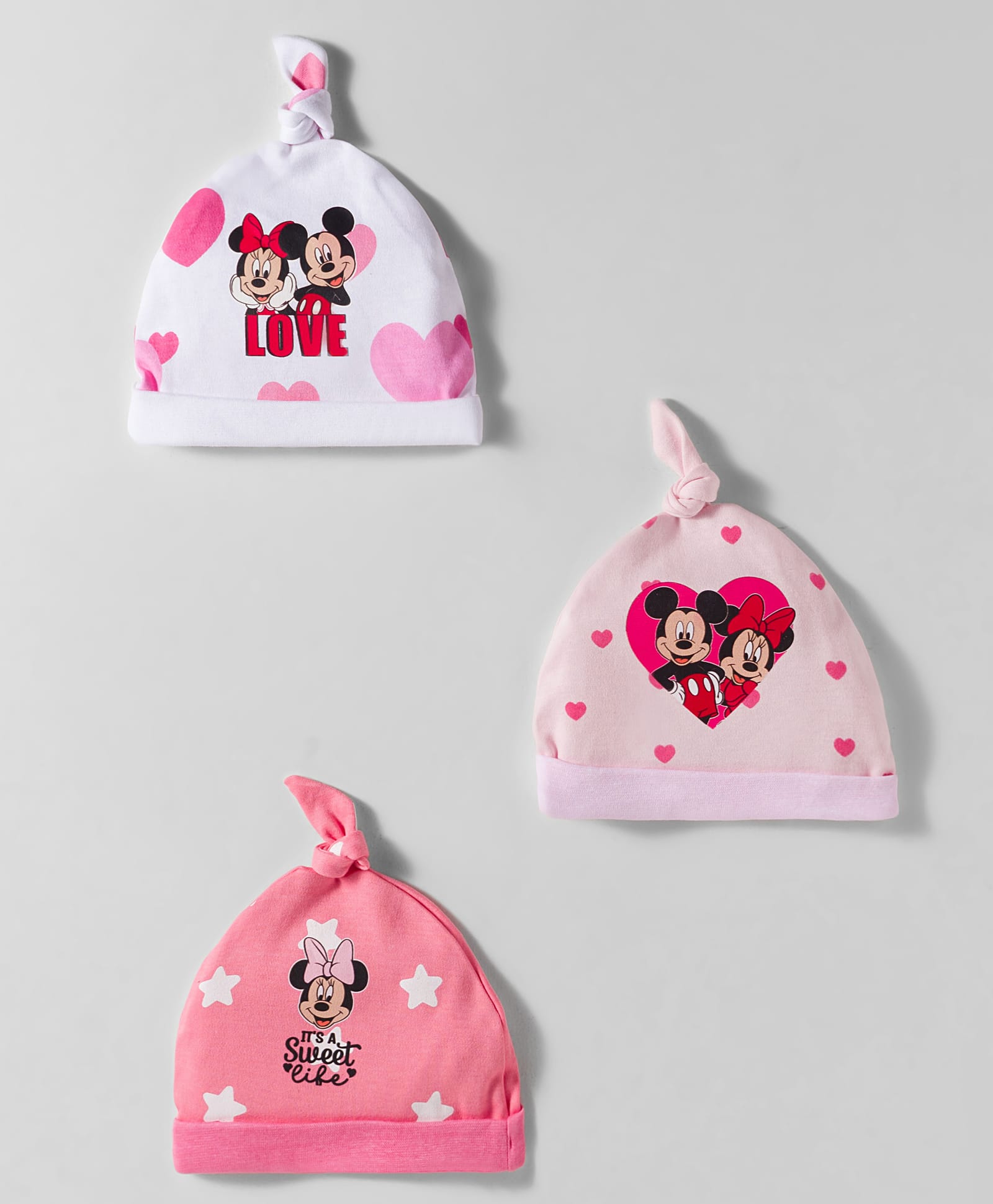Babyhug Disney Interlock Knit Knot Cap with Minnie Mouse Graphics Pack of 3 Pink & White - Diameter 12 cm-picture-25