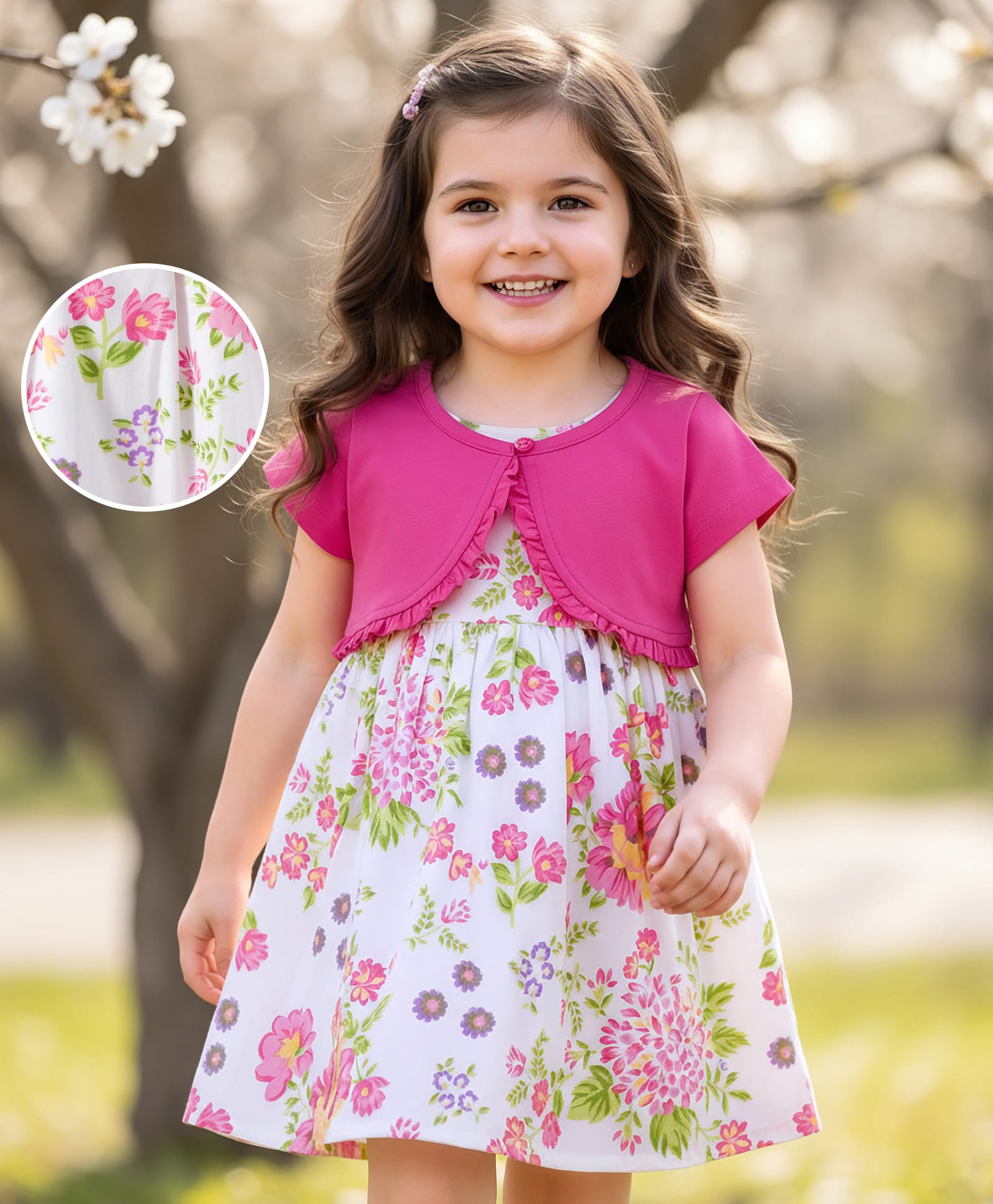 Babyhug Cotton Woven Half Sleeves Frock With Shrug & Floral Print - Pink & White-picture-29