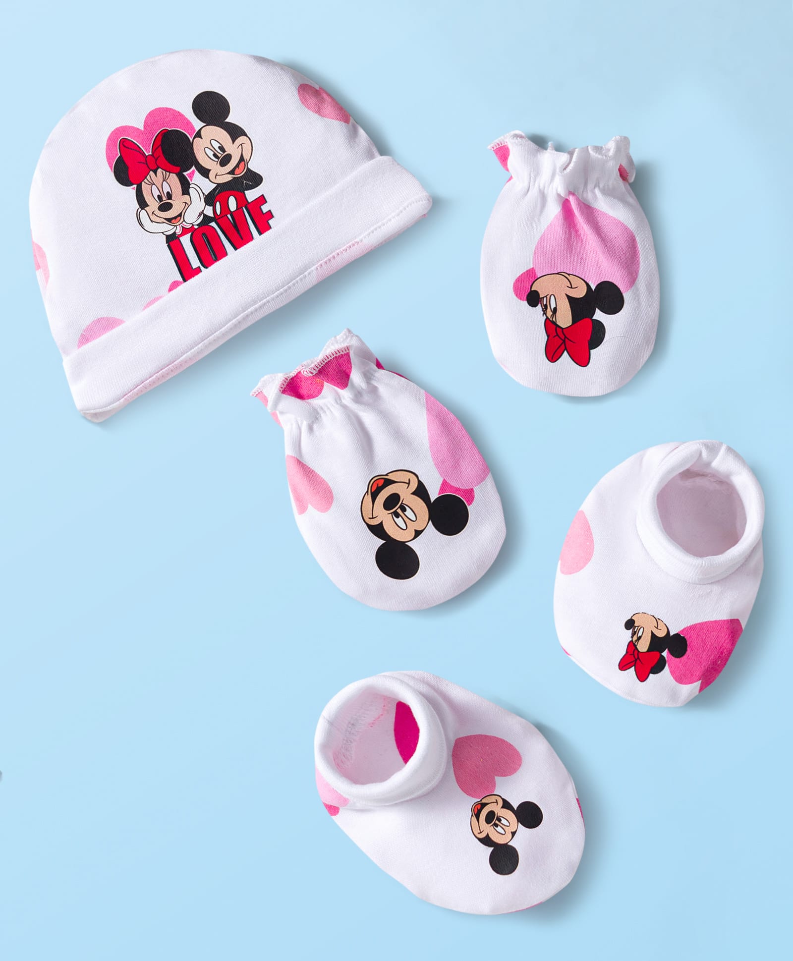 Babyhug Disney Interlock Knit Cap Mitten & Booties Set with Minnie Mouse & Friends White - Diameter 9.5 cm-picture-20