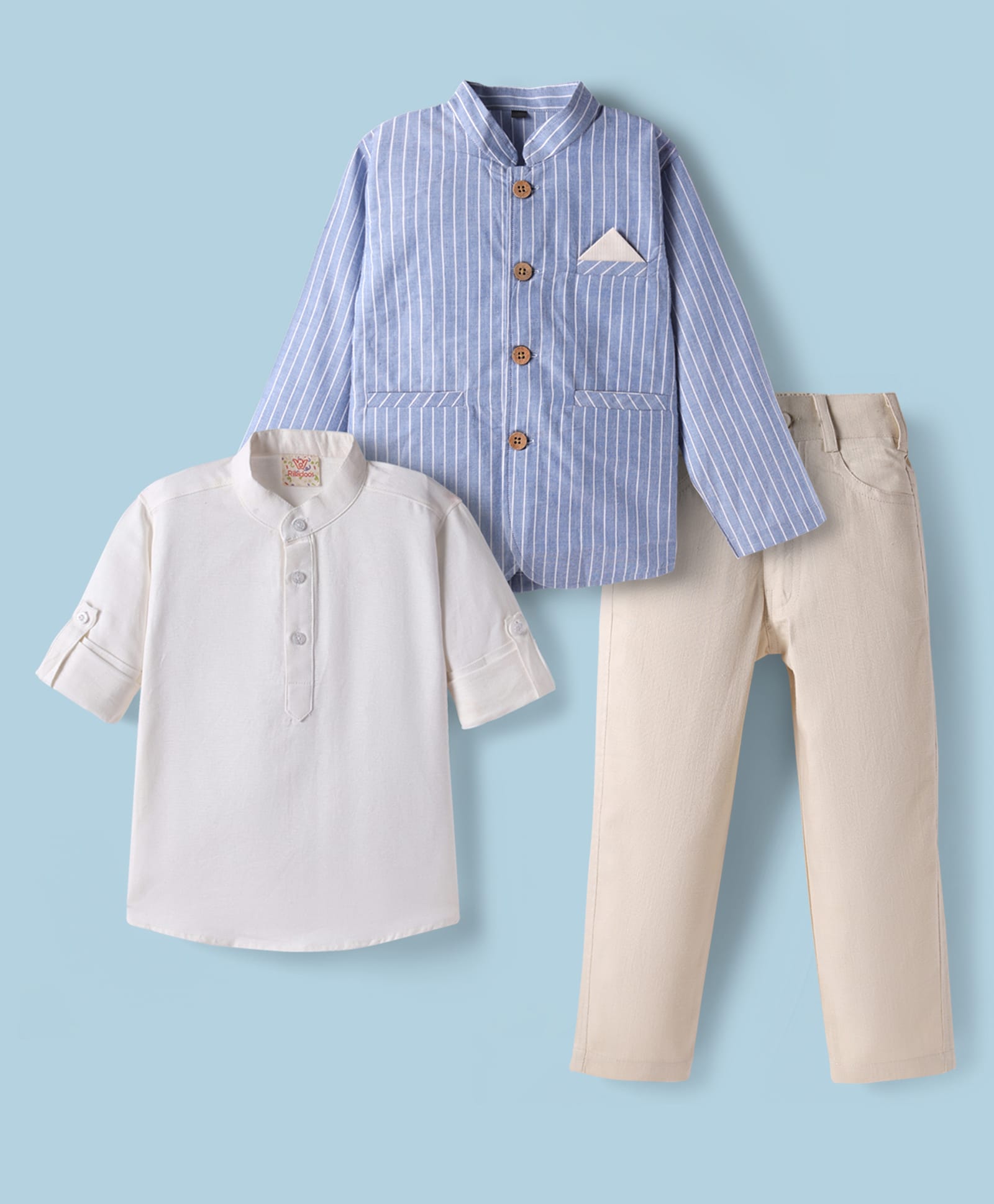 Rikidoos Full Sleeves Striped Blazer With Solid Kurta Style Shirt & Trouser Set - Light Blue & Beige-picture-11